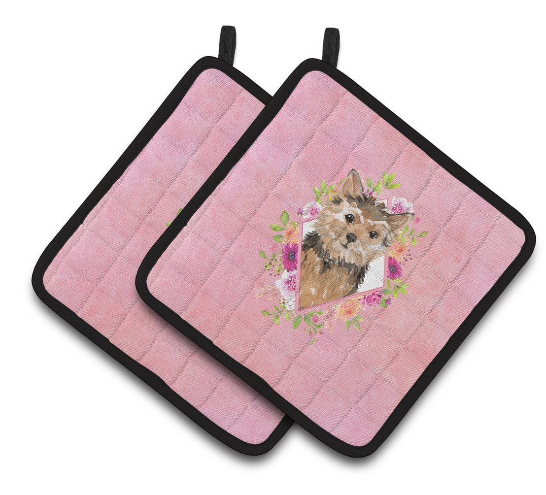 Norwich Terrier Pink Flowers Pair of Pot Holders CK4220PTHD by Caroline's Treasures