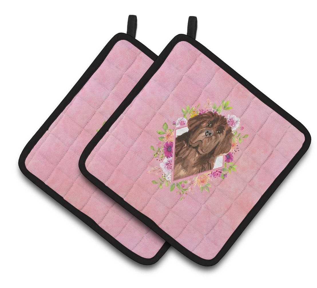 Newfoundland Pink Flowers Pair of Pot Holders CK4221PTHD by Caroline&#39;s Treasures