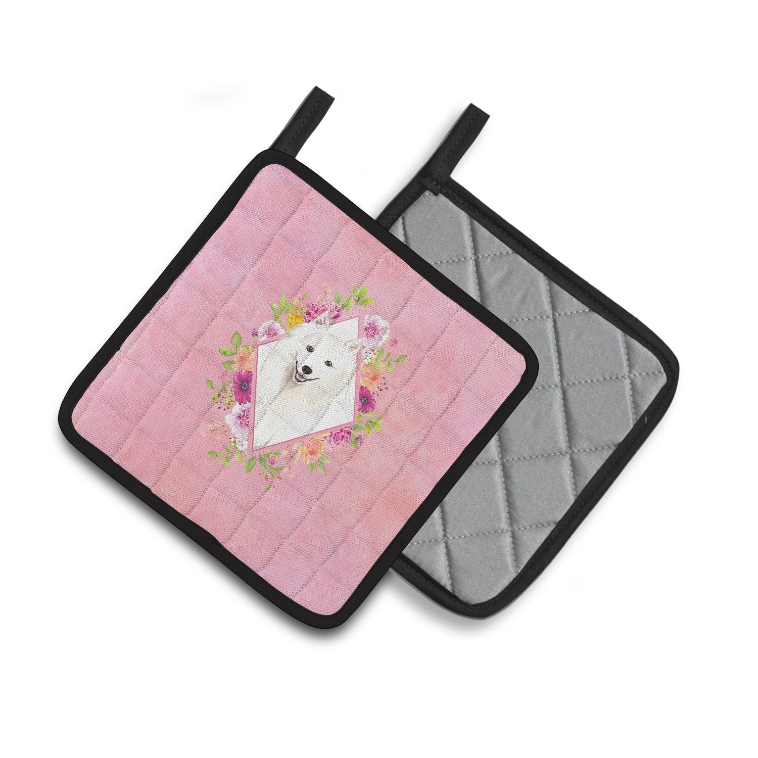 Japanese Spitz Pink Flowers Pair of Pot Holders CK4229PTHD by Caroline's Treasures