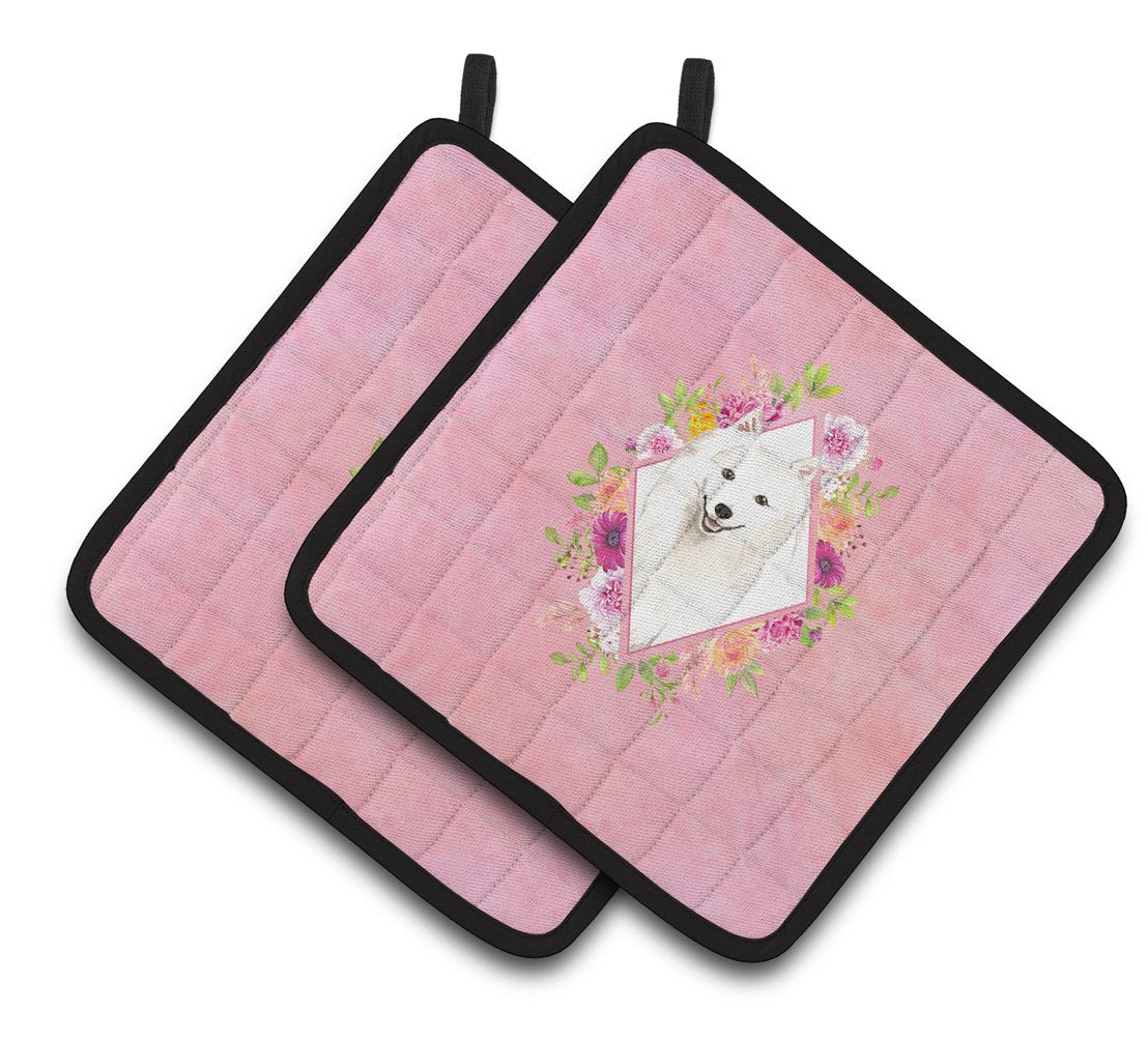 Japanese Spitz Pink Flowers Pair of Pot Holders CK4229PTHD by Caroline's Treasures