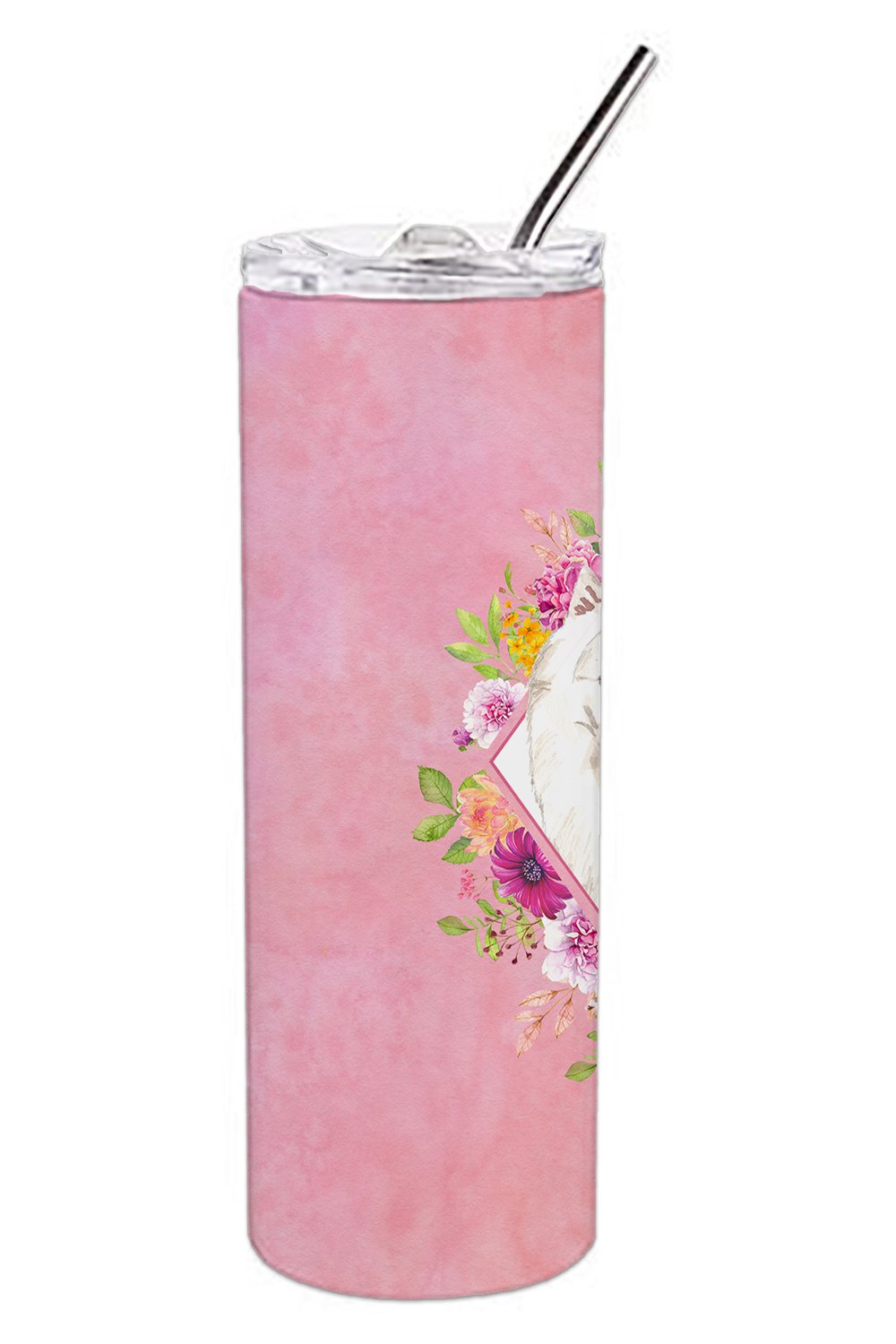 Japanese Spitz Pink Flowers Double Walled Stainless Steel 20 oz Skinny Tumbler CK4229TBL20 by Caroline's Treasures