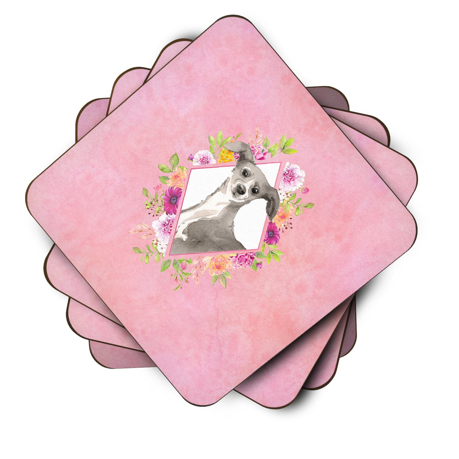 Set of 4 Italian Greyhound Pink Flowers Foam Coasters Set of 4 CK4230FC - the-store.com