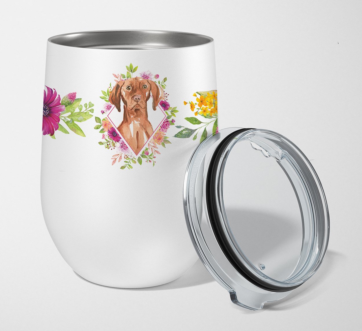 Vizsla Pink Flowers Stainless Steel 12 oz Stemless Wine Glass CK4232TBL12 by Caroline's Treasures