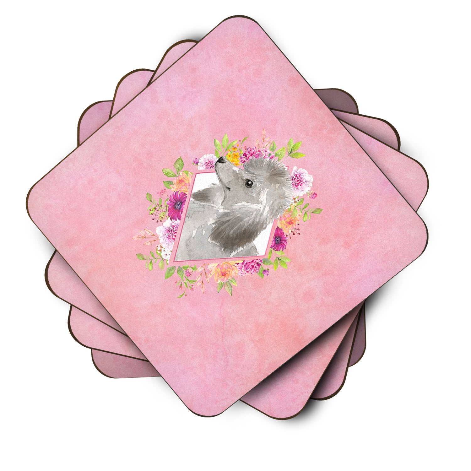 Set of 4 Grey Standard Poodle Pink Flowers Foam Coasters Set of 4 CK4233FC - the-store.com