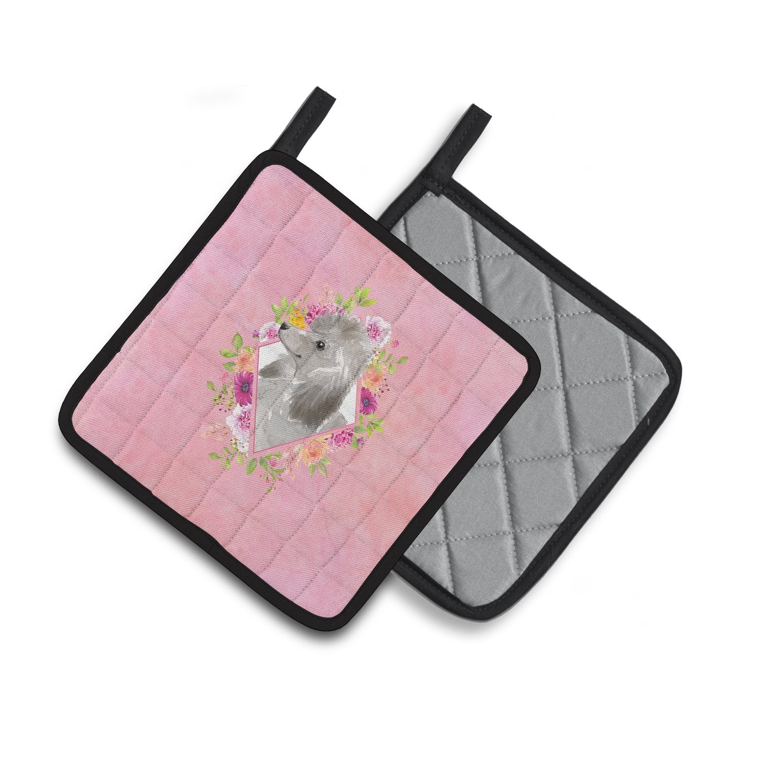 Grey Standard Poodle Pink Flowers Pair of Pot Holders CK4233PTHD by Caroline's Treasures