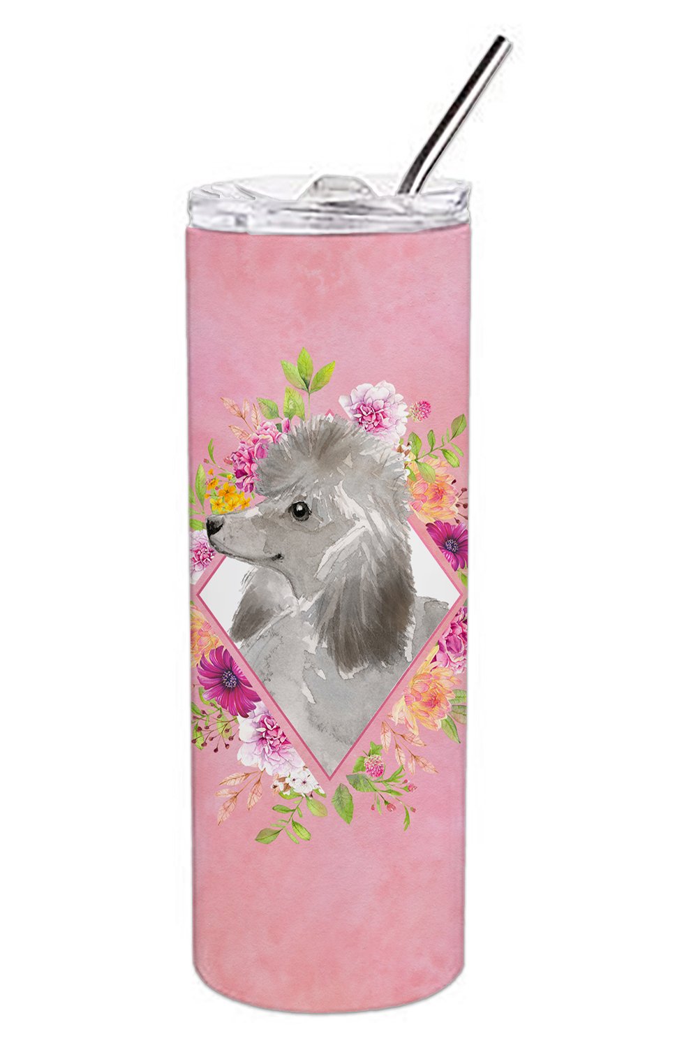 Grey Standard Poodle Pink Flowers Double Walled Stainless Steel 20 oz Skinny Tumbler CK4233TBL20 by Caroline's Treasures