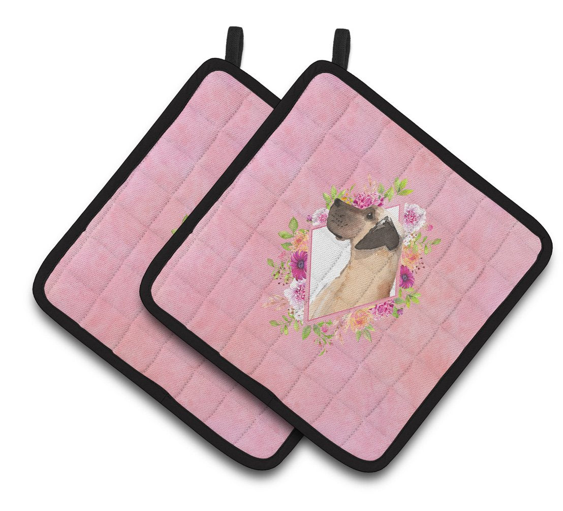 Fawn Great Dane Pink Flowers Pair of Pot Holders CK4234PTHD by Caroline&#39;s Treasures