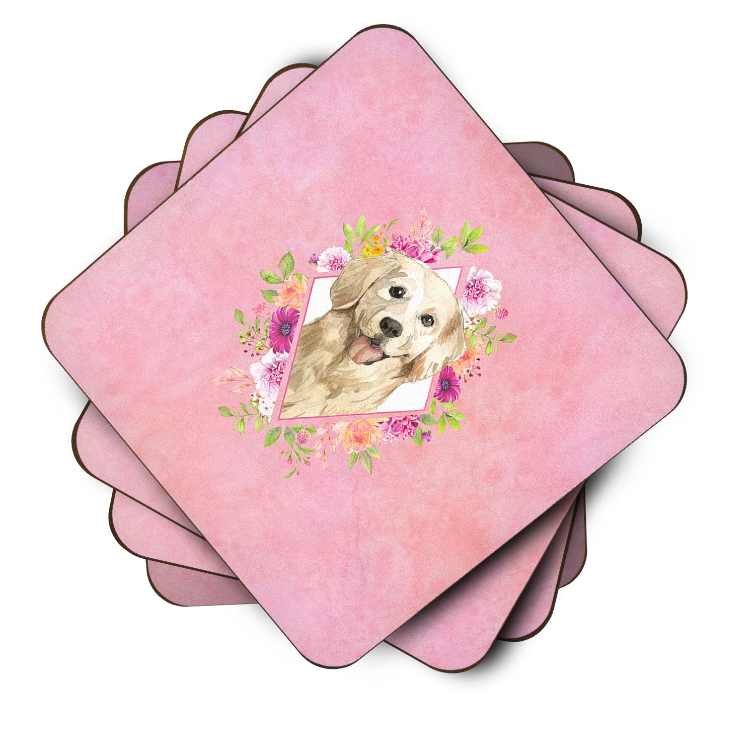 Set of 4 Golden Retriever Pink Flowers Foam Coasters Set of 4 CK4235FC - the-store.com