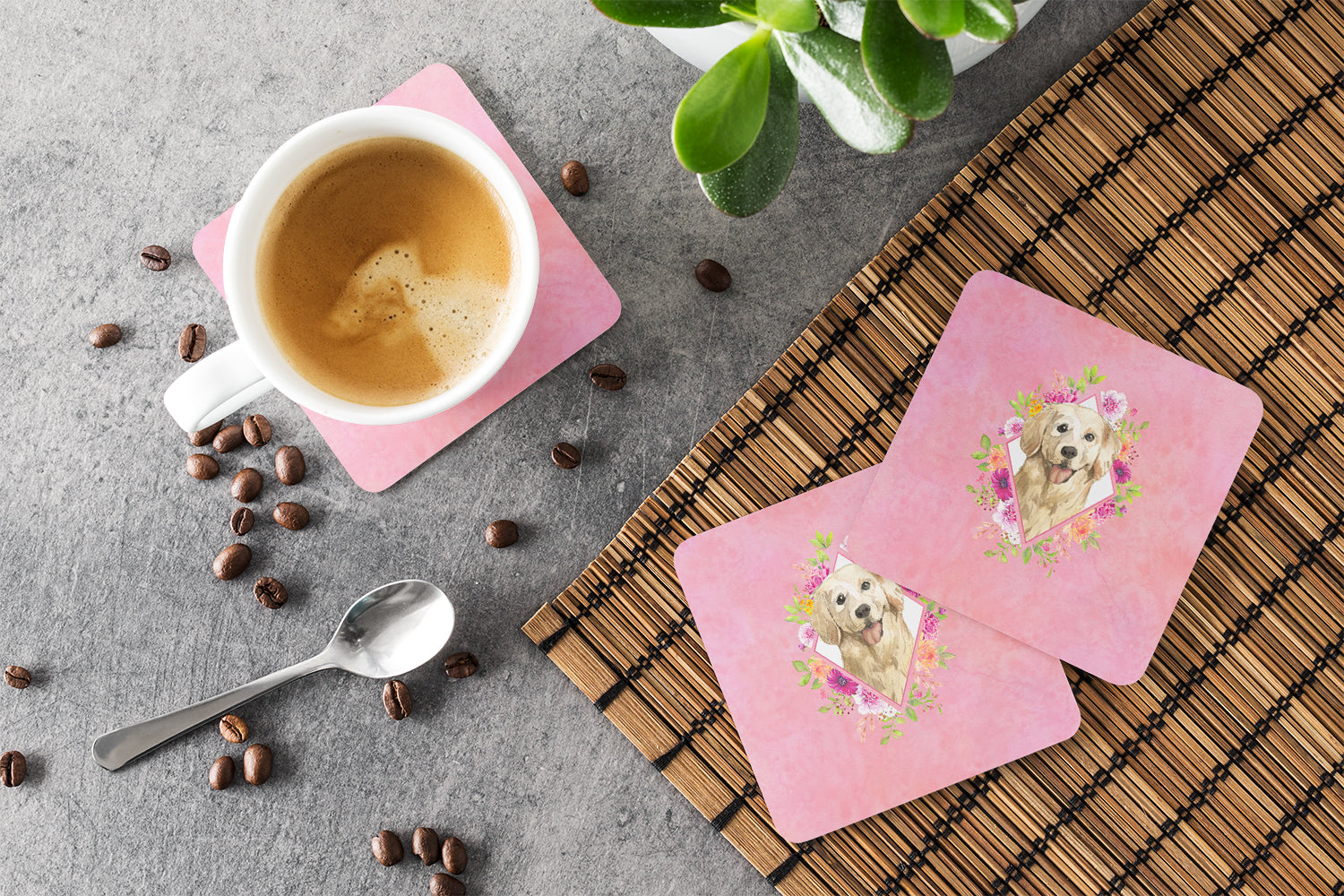 Set of 4 Golden Retriever Pink Flowers Foam Coasters Set of 4 CK4235FC - the-store.com