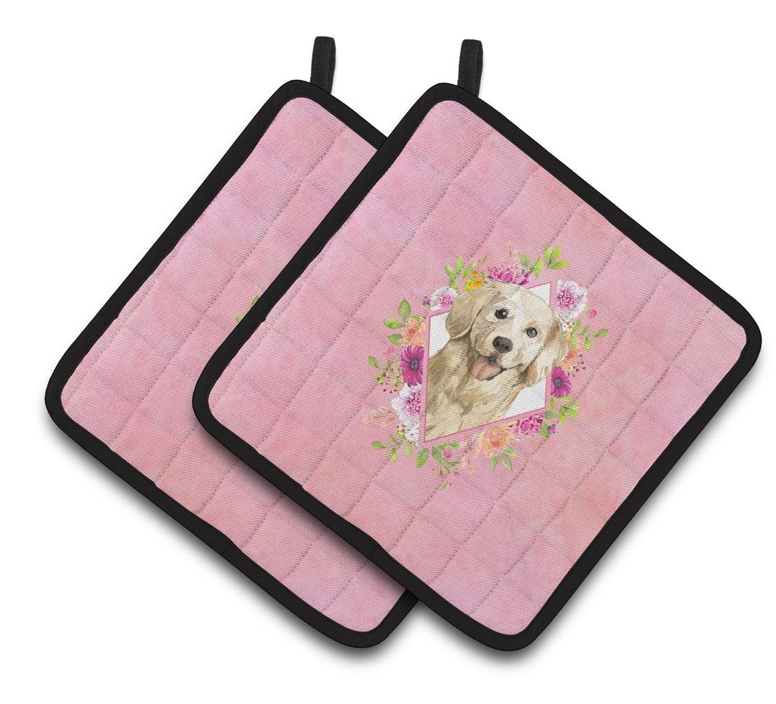 Golden Retriever Pink Flowers Pair of Pot Holders CK4235PTHD by Caroline&#39;s Treasures