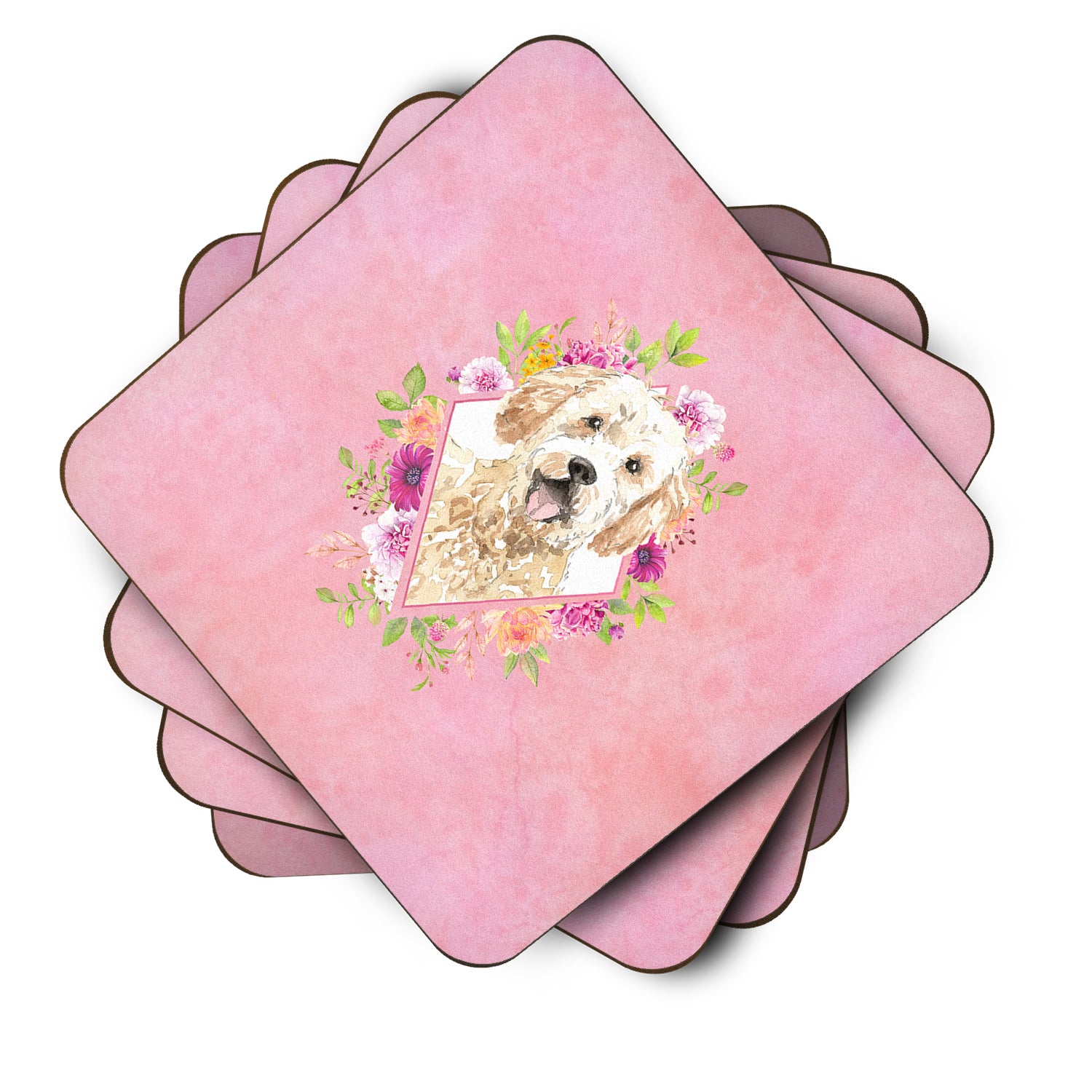 Set of 4 Goldendoodle Pink Flowers Foam Coasters Set of 4 CK4236FC - the-store.com