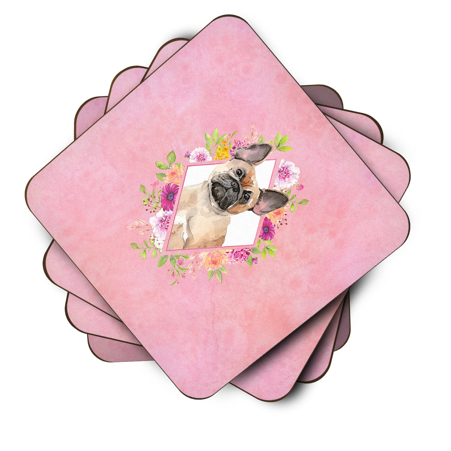 Set of 4 Fawn French Bulldog Pink Flowers Foam Coasters Set of 4 CK4238FC - the-store.com