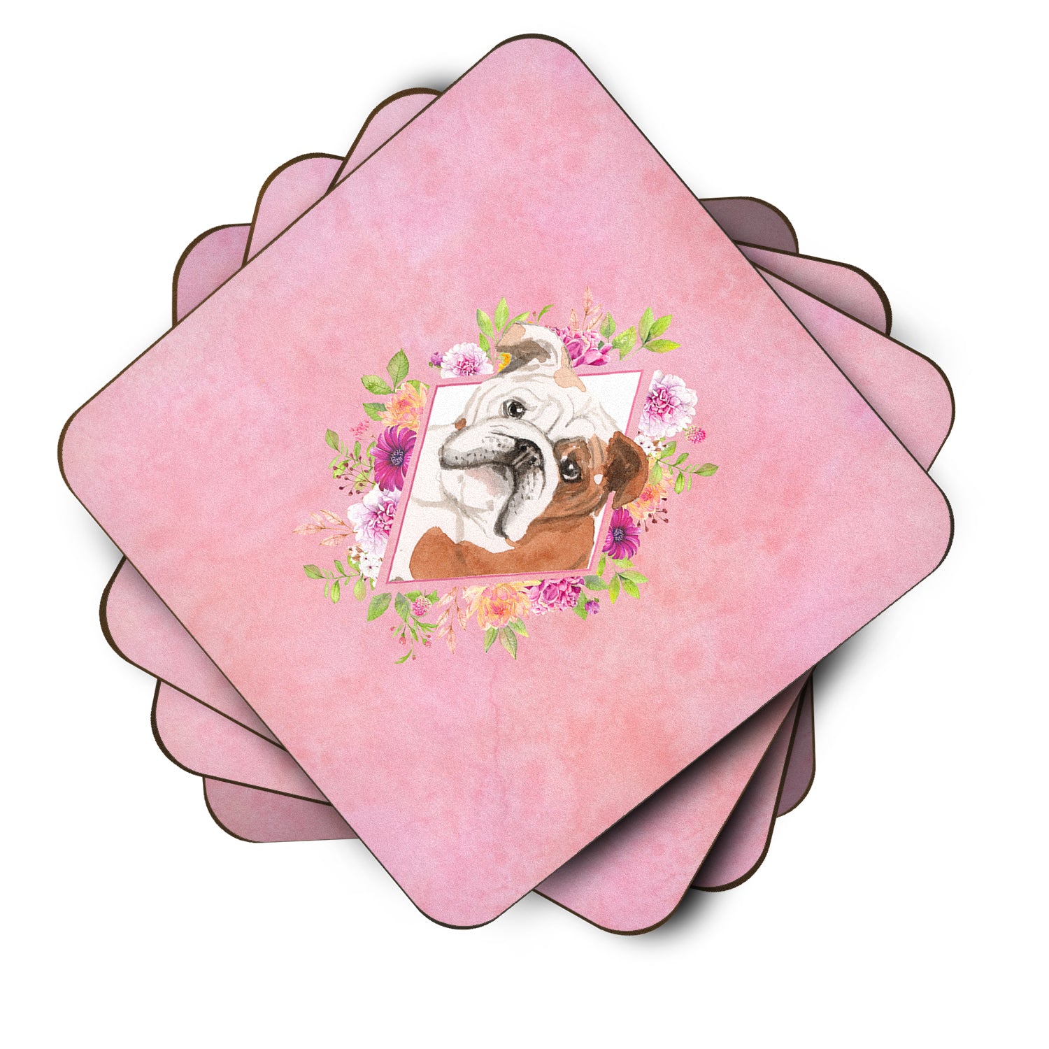 Set of 4 English Bulldog Pink Flowers Foam Coasters Set of 4 CK4240FC - the-store.com