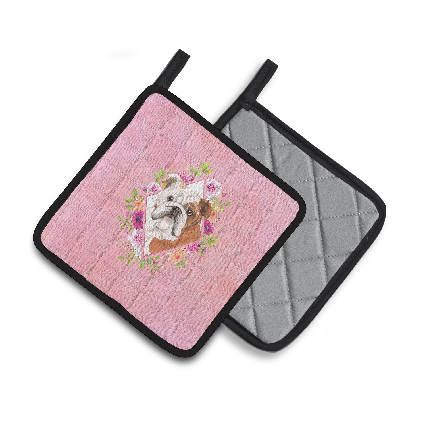 English Bulldog Pink Flowers Pair of Pot Holders CK4240PTHD by Caroline's Treasures