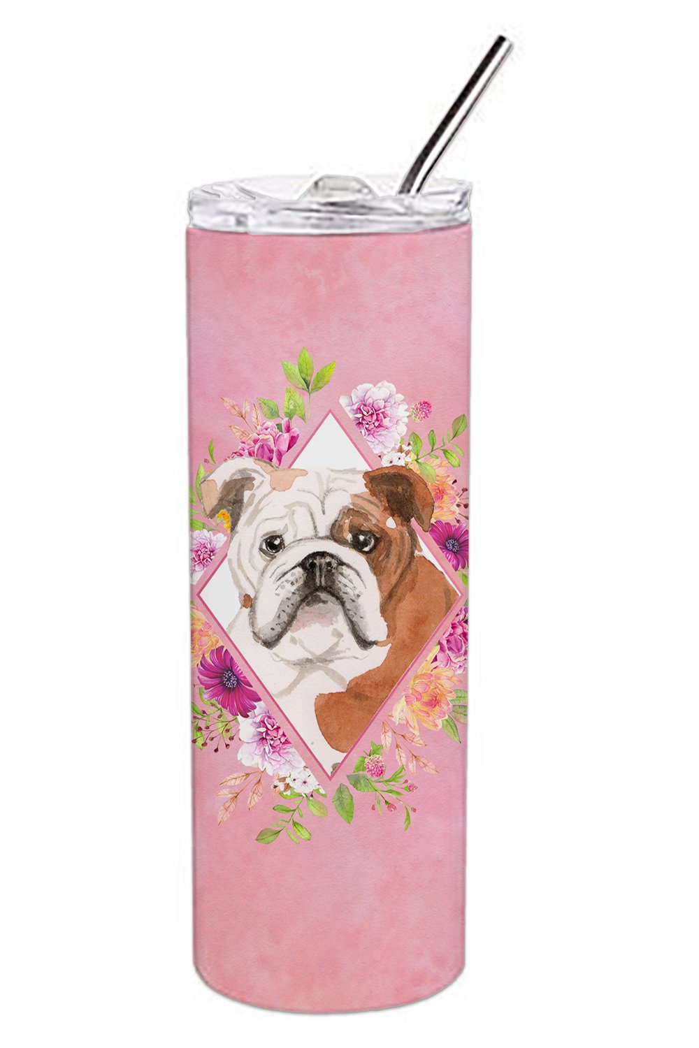 English Bulldog Pink Flowers Double Walled Stainless Steel 20 oz Skinny Tumbler CK4240TBL20 by Caroline's Treasures