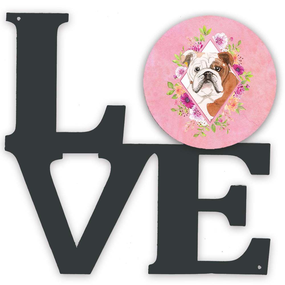 English Bulldog Pink Flowers Metal Wall Artwork LOVE CK4240WALV by Caroline's Treasures