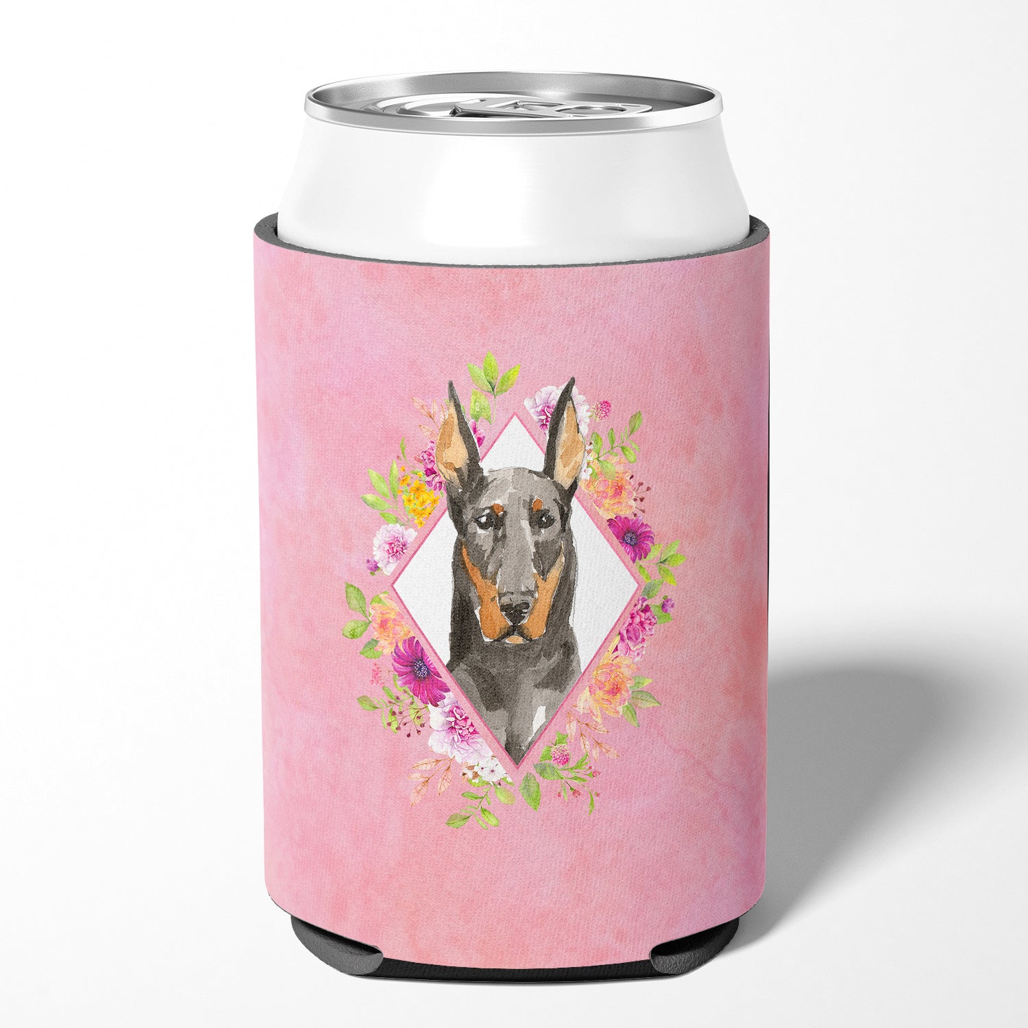 Doberman Pinsher Pink Flowers Can or Bottle Hugger CK4241CC  the-store.com.