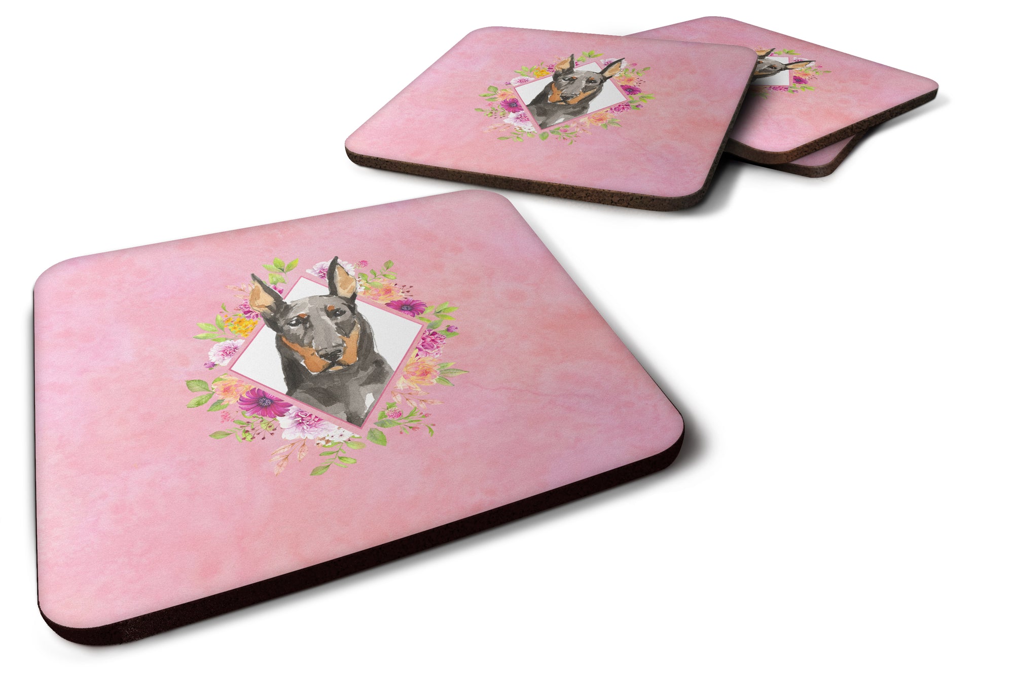 Set of 4 Doberman Pinsher Pink Flowers Foam Coasters Set of 4 CK4241FC - the-store.com