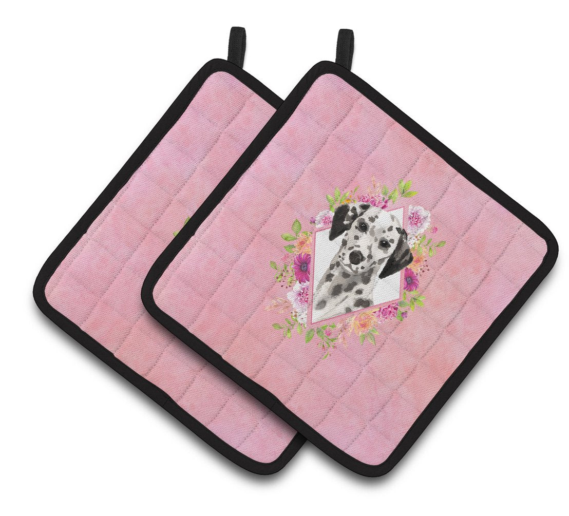 Dalmatian Pink Flowers Pair of Pot Holders CK4242PTHD by Caroline&#39;s Treasures