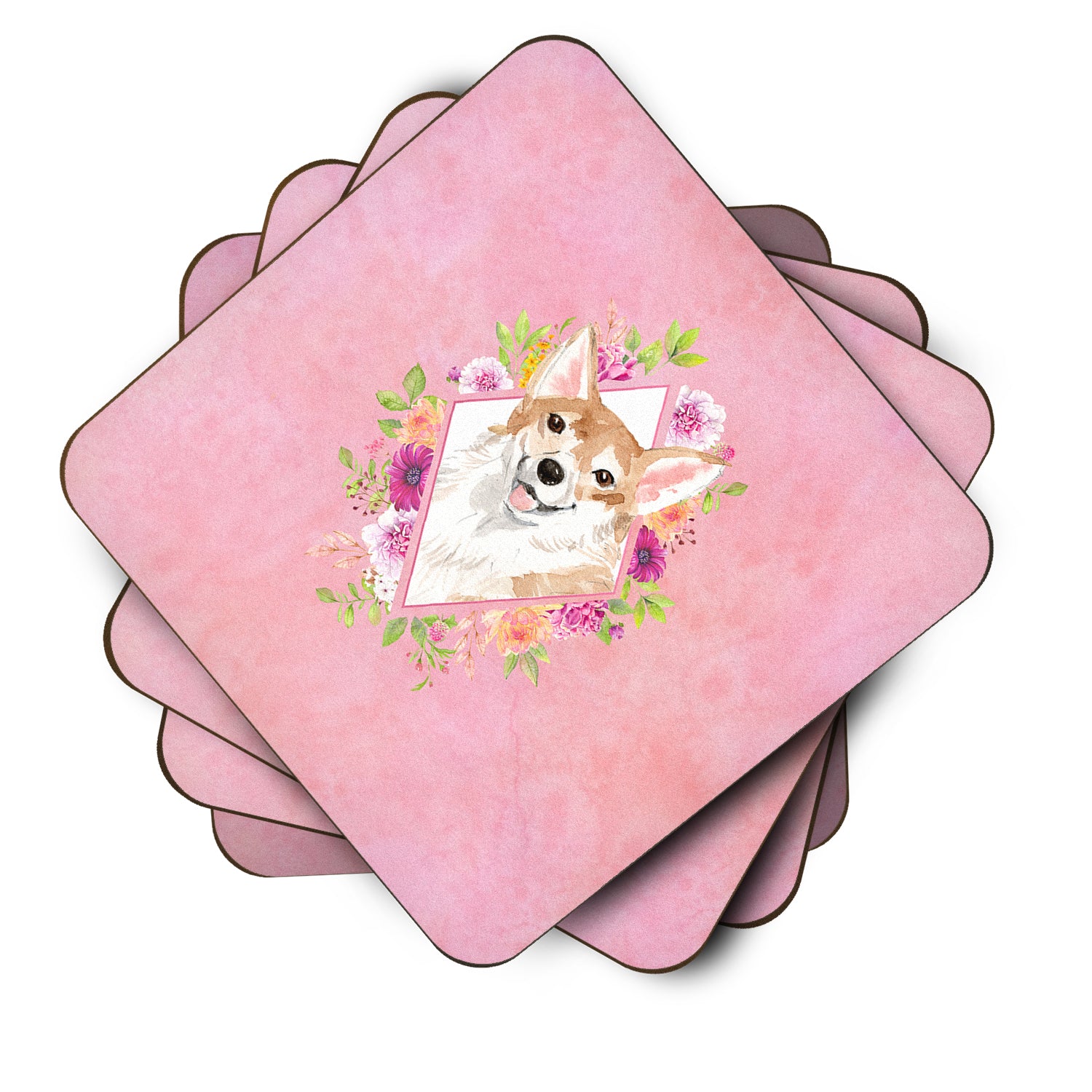 Set of 4 Corgi Pink Flowers Foam Coasters Set of 4 CK4243FC - the-store.com