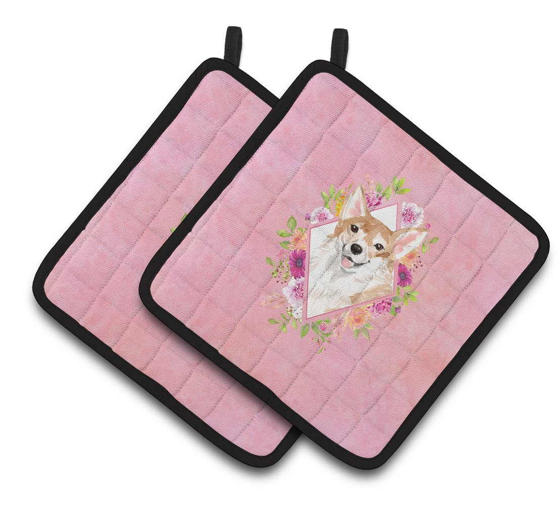 Corgi Pink Flowers Pair of Pot Holders CK4243PTHD by Caroline's Treasures