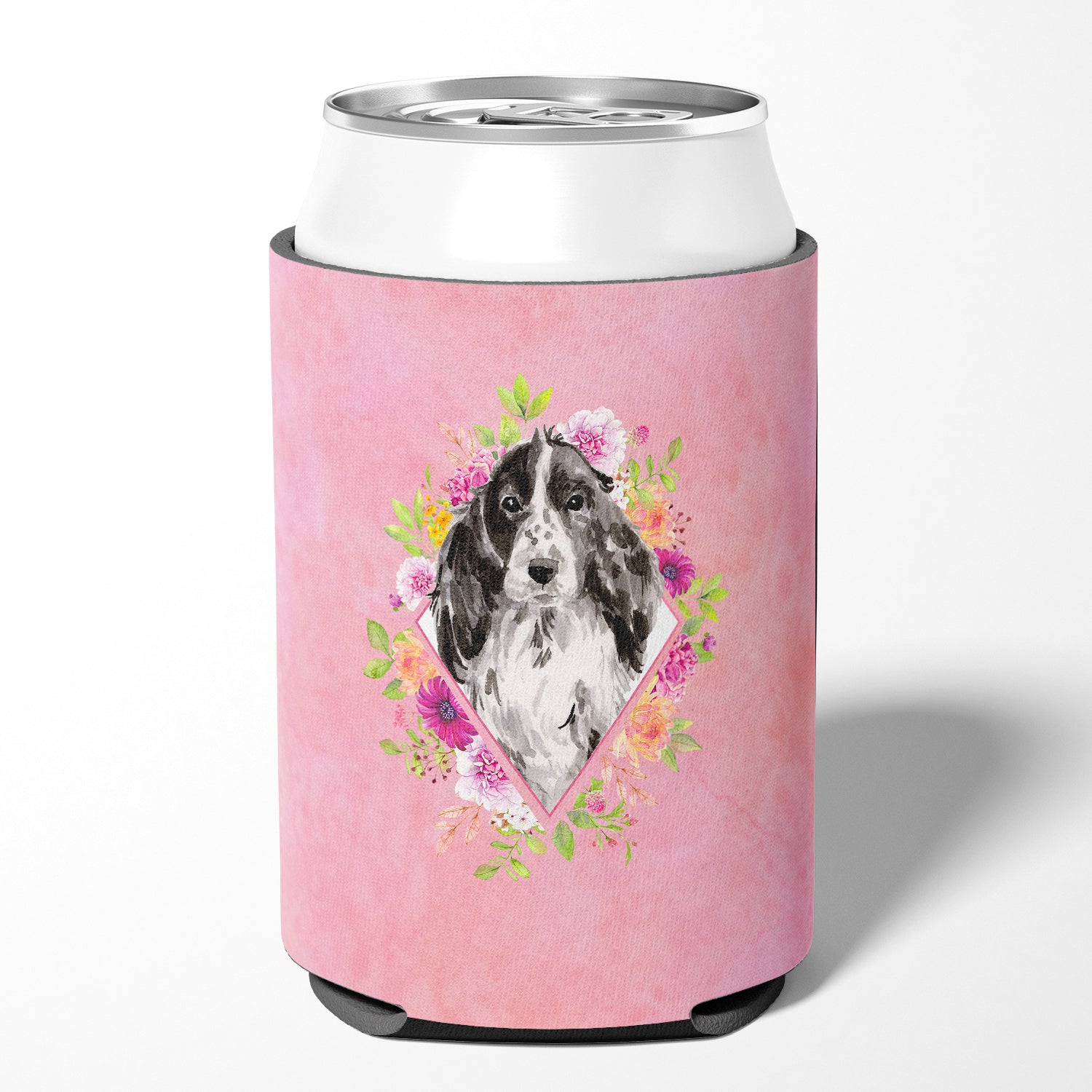 Black Parti Cocker Spaniel Pink Flowers Can or Bottle Hugger CK4244CC  the-store.com.