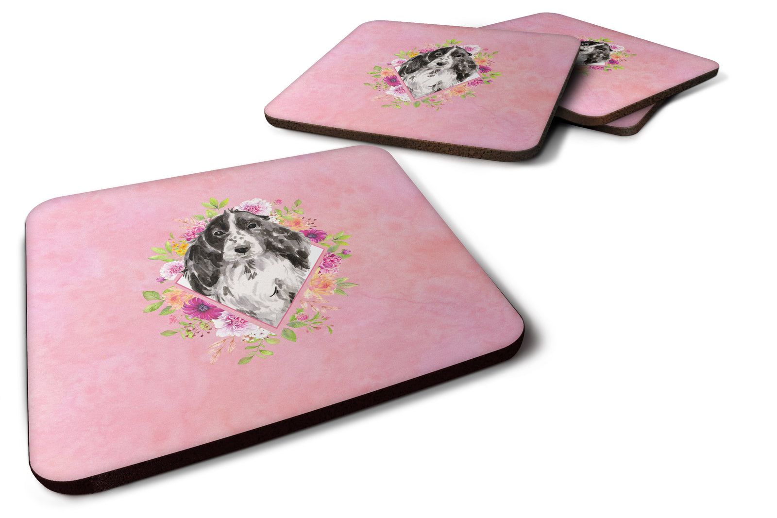 Set of 4 Black Parti Cocker Spaniel Pink Flowers Foam Coasters Set of 4 CK4244FC - the-store.com