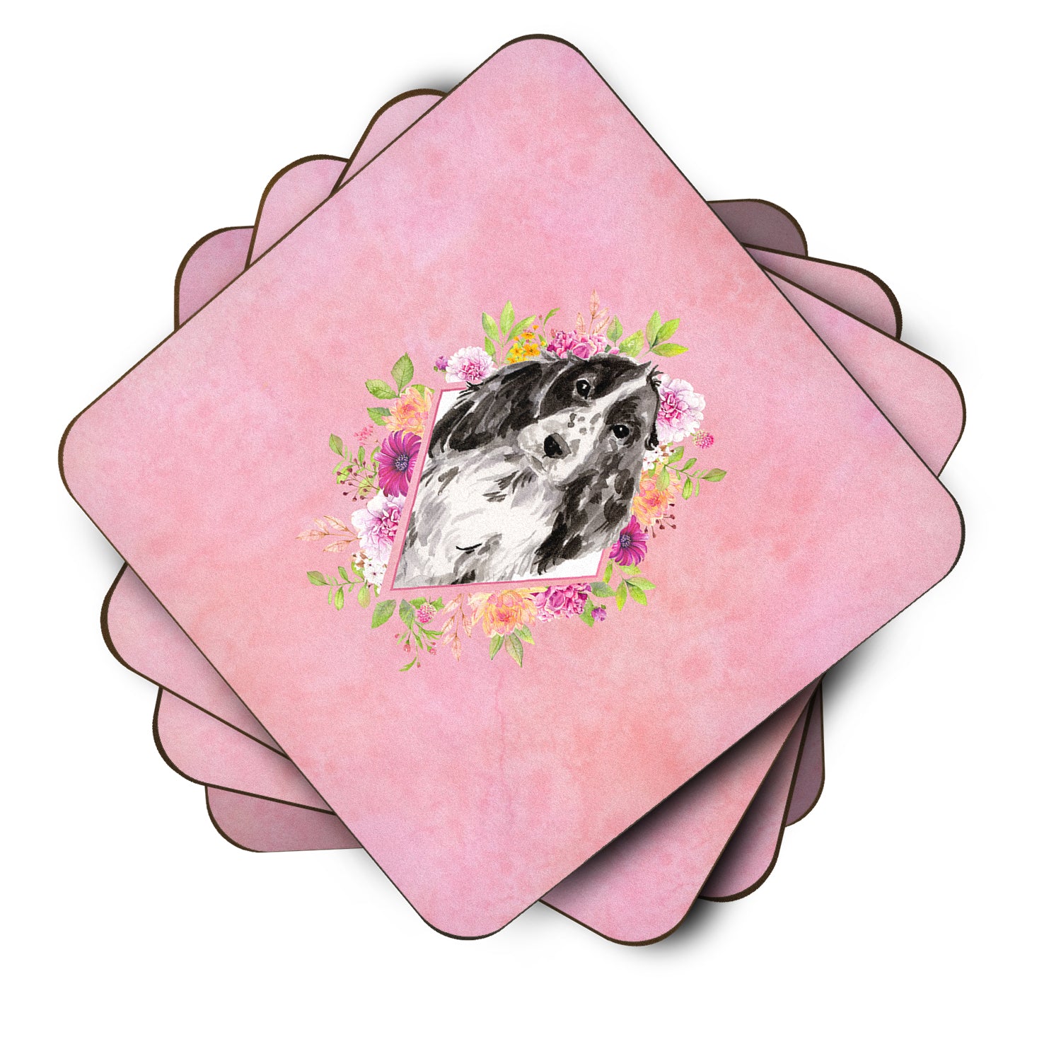 Set of 4 Black Parti Cocker Spaniel Pink Flowers Foam Coasters Set of 4 CK4244FC - the-store.com