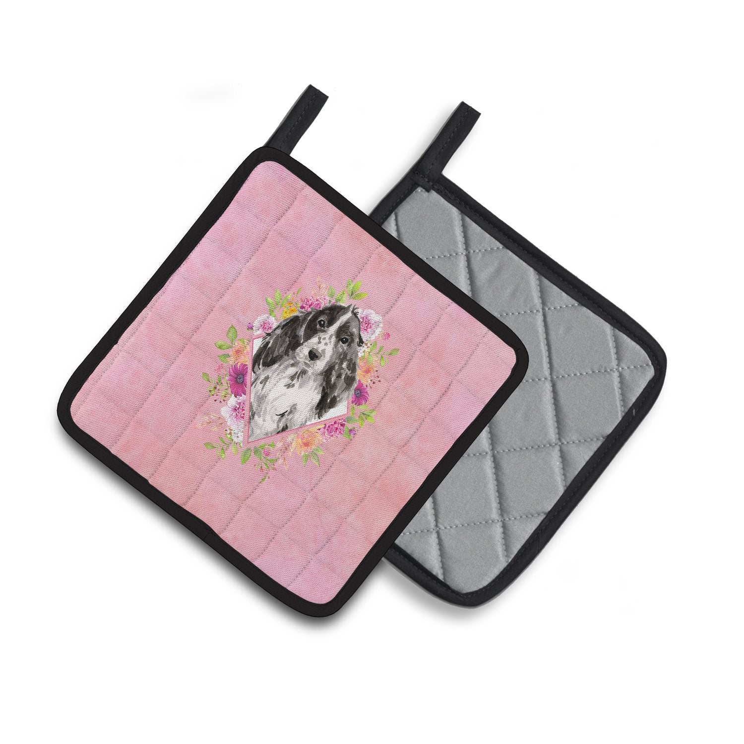 Black Parti Cocker Spaniel Pink Flowers Pair of Pot Holders CK4244PTHD by Caroline's Treasures