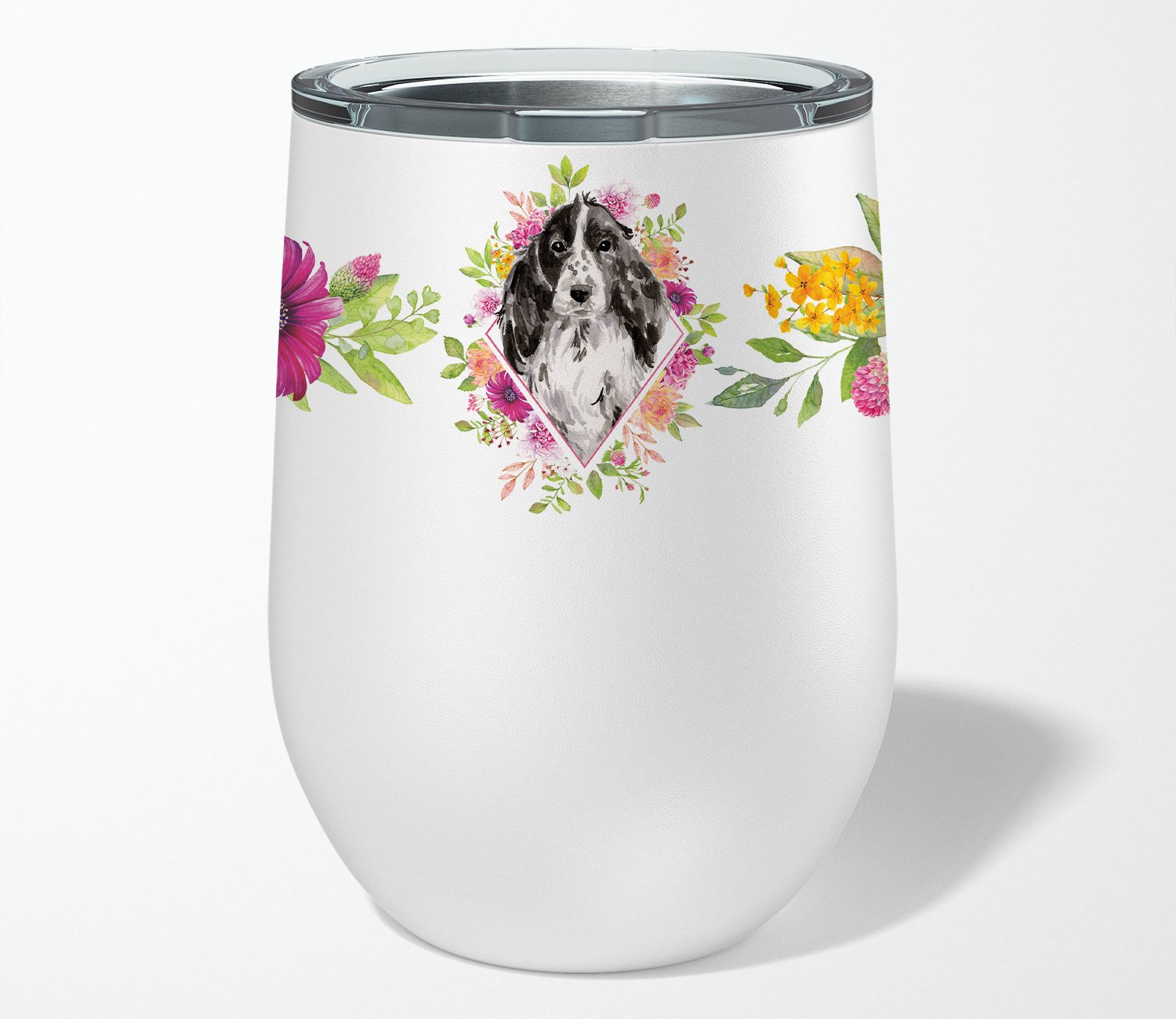 Black Parti Cocker Spaniel Pink Flowers Stainless Steel 12 oz Stemless Wine Glass CK4244TBL12 by Caroline's Treasures