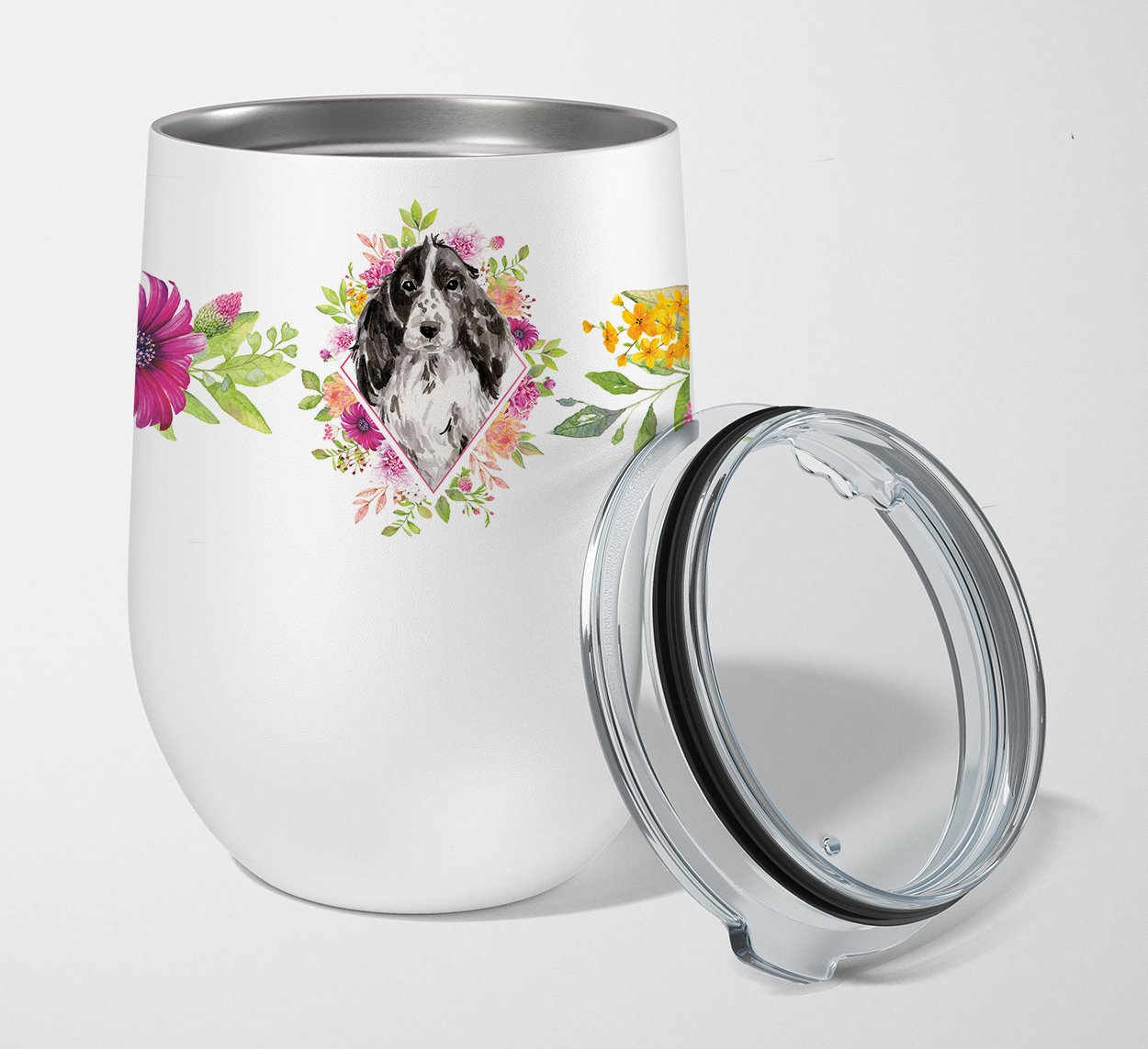 Black Parti Cocker Spaniel Pink Flowers Stainless Steel 12 oz Stemless Wine Glass CK4244TBL12 by Caroline's Treasures