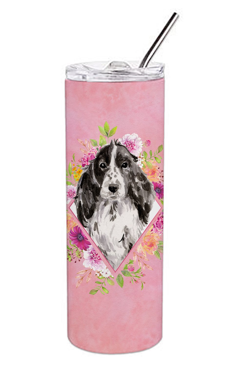 Black Parti Cocker Spaniel Pink Flowers Double Walled Stainless Steel 20 oz Skinny Tumbler CK4244TBL20 by Caroline's Treasures