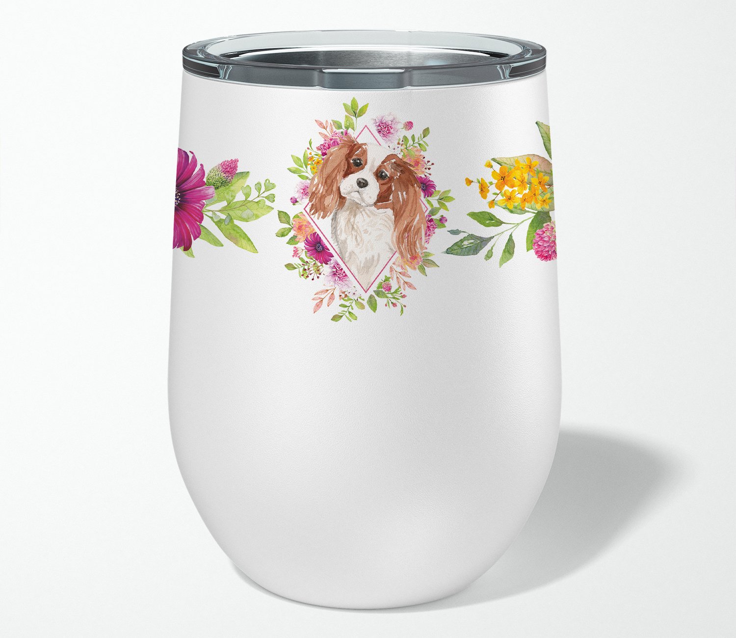 Blenheim Cavalier Spaniel Pink Flowers Stainless Steel 12 oz Stemless Wine Glass CK4248TBL12 by Caroline's Treasures