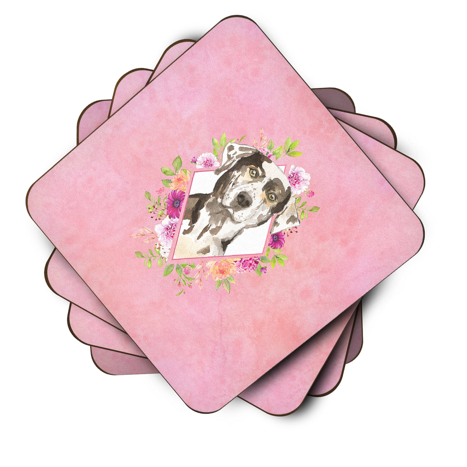 Set of 4 Catahoula Leopard Dog Pink Flowers Foam Coasters Set of 4 CK4249FC - the-store.com