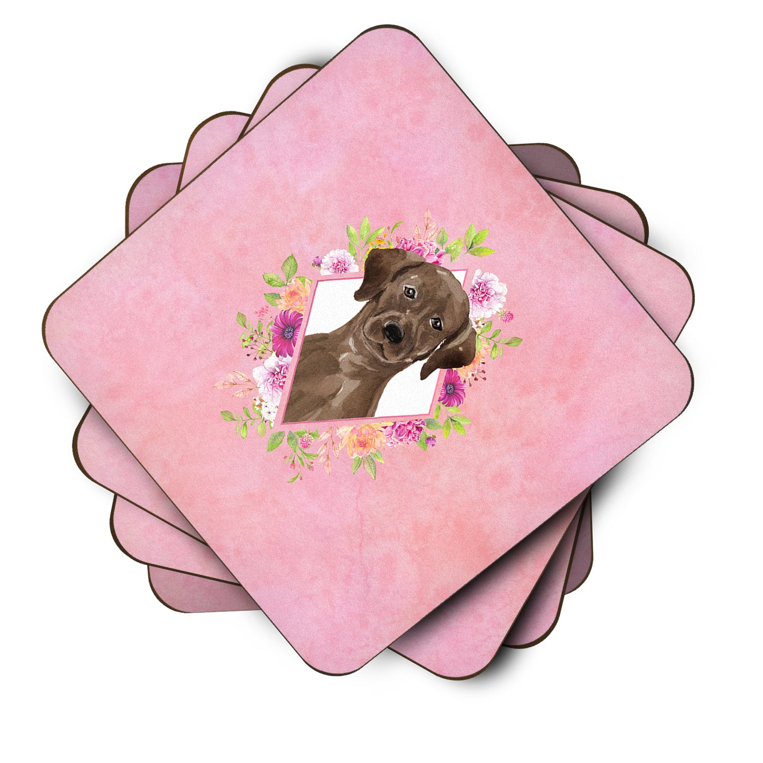 Set of 4 Chocolate Labrador Pink Flowers Foam Coasters Set of 4 CK4251FC - the-store.com