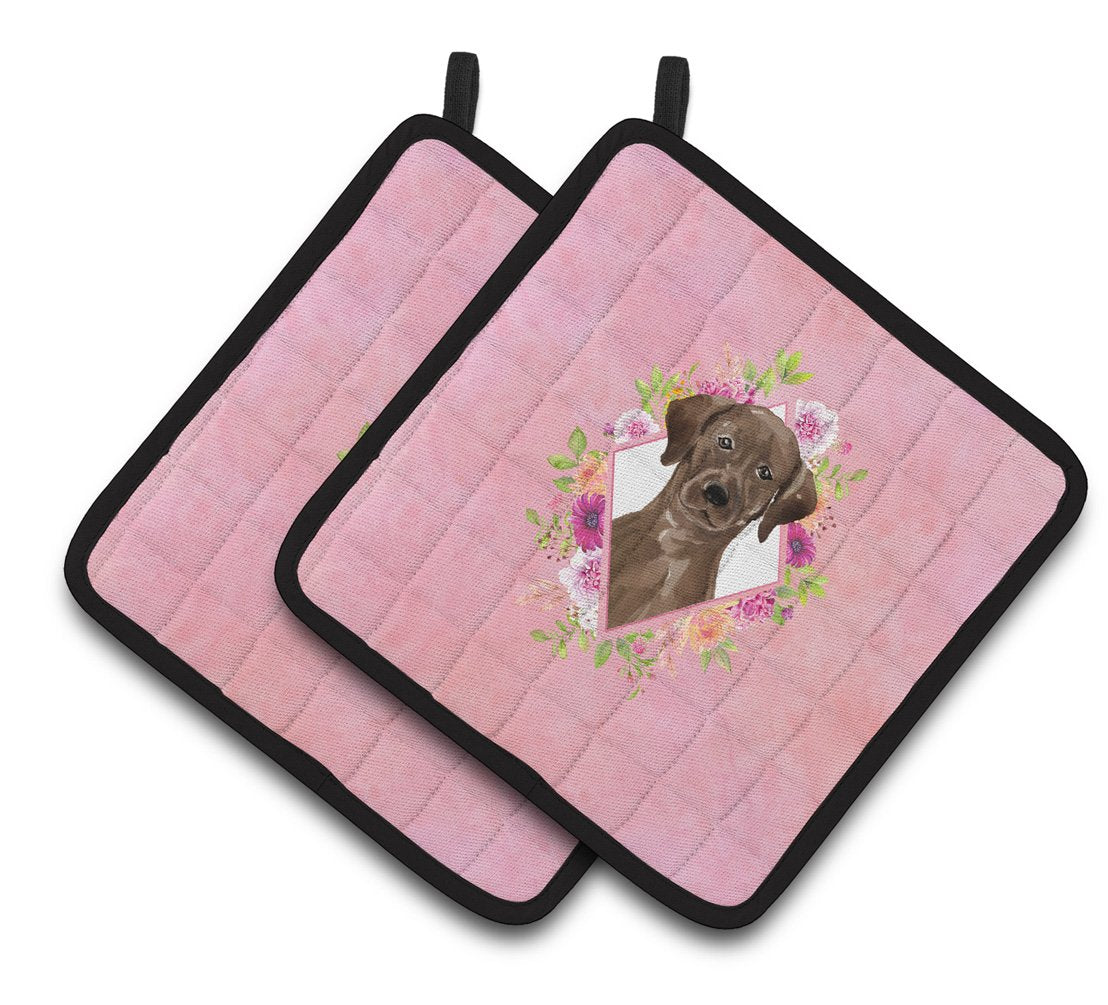 Chocolate Labrador Pink Flowers Pair of Pot Holders CK4251PTHD by Caroline's Treasures