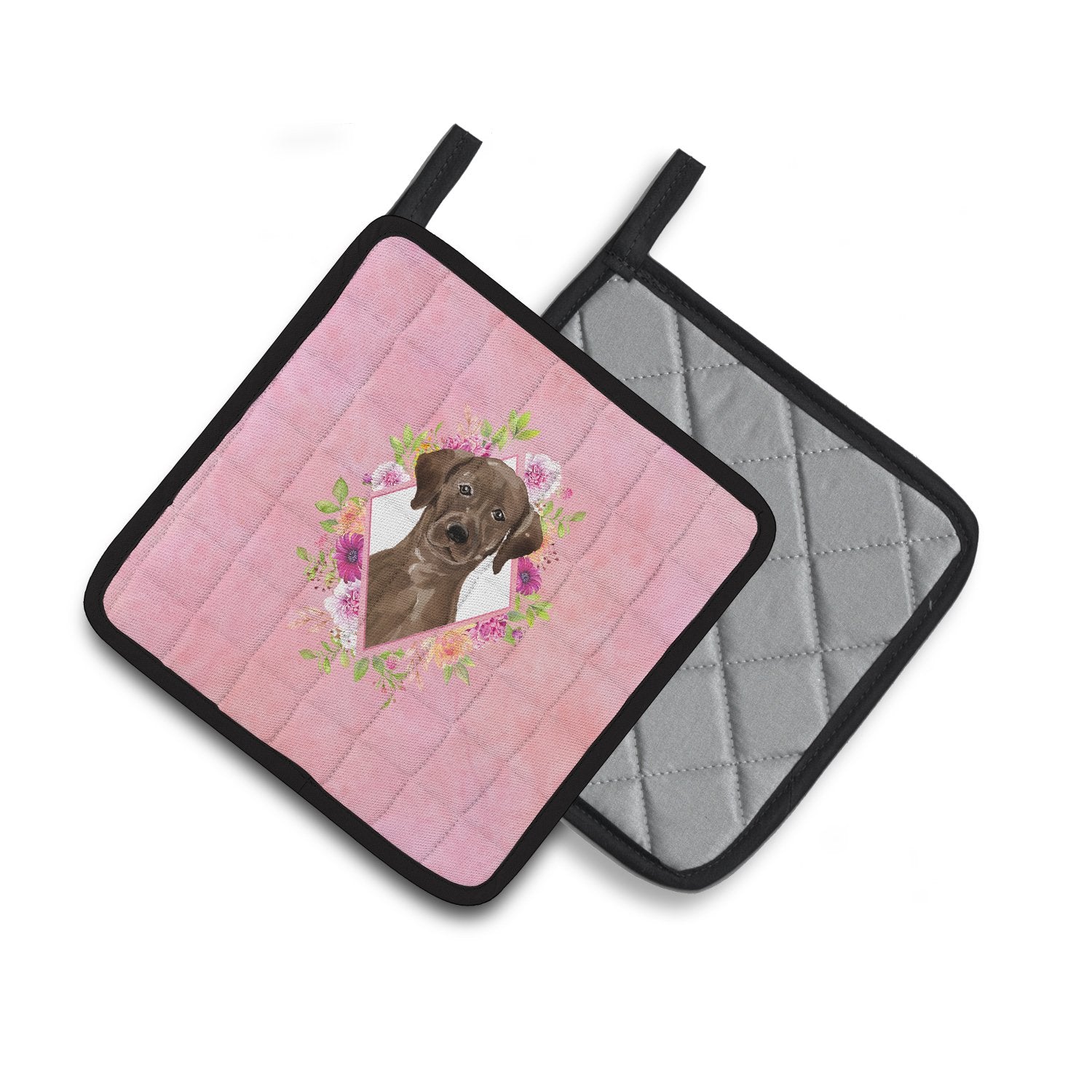 Chocolate Labrador Pink Flowers Pair of Pot Holders CK4251PTHD by Caroline's Treasures