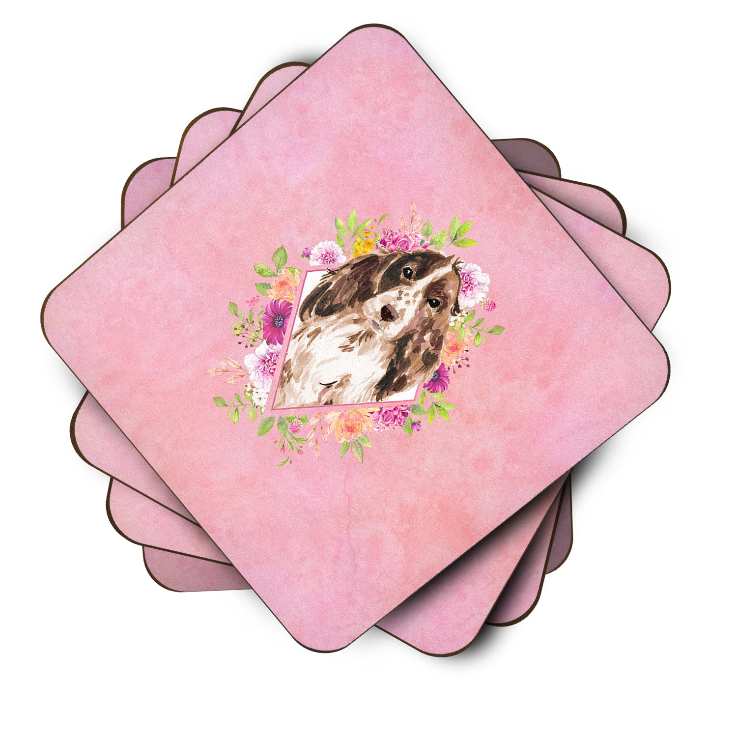 Set of 4 Brown Parti Cocker Spaniel Pink Flowers Foam Coasters Set of 4 CK4252FC - the-store.com