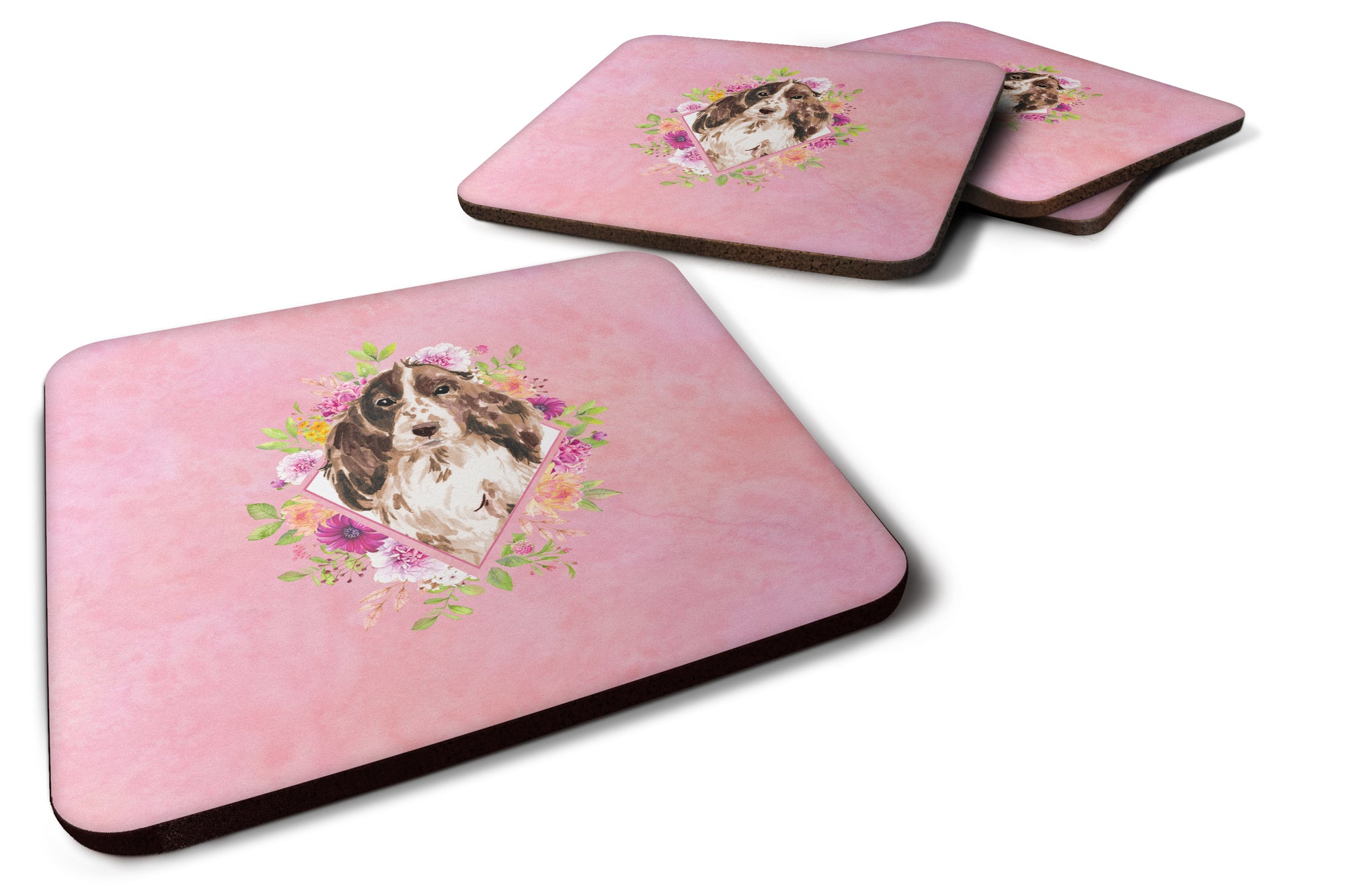 Set of 4 Brown Parti Cocker Spaniel Pink Flowers Foam Coasters Set of 4 CK4252FC - the-store.com