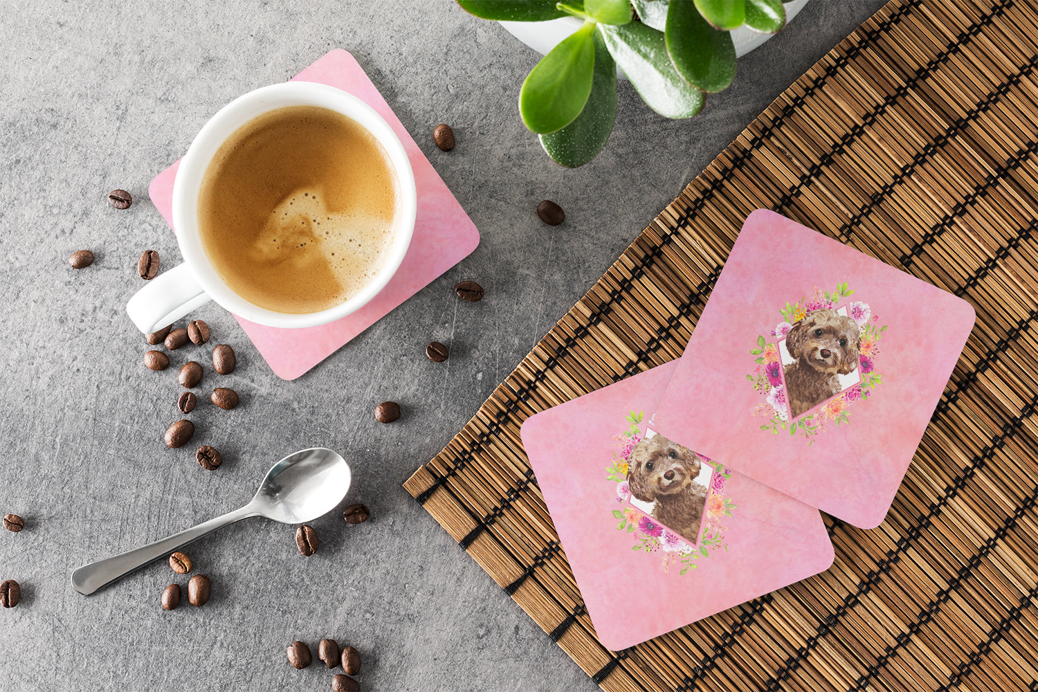 Set of 4 Chocolate Cockapoo Pink Flowers Foam Coasters Set of 4 CK4253FC - the-store.com