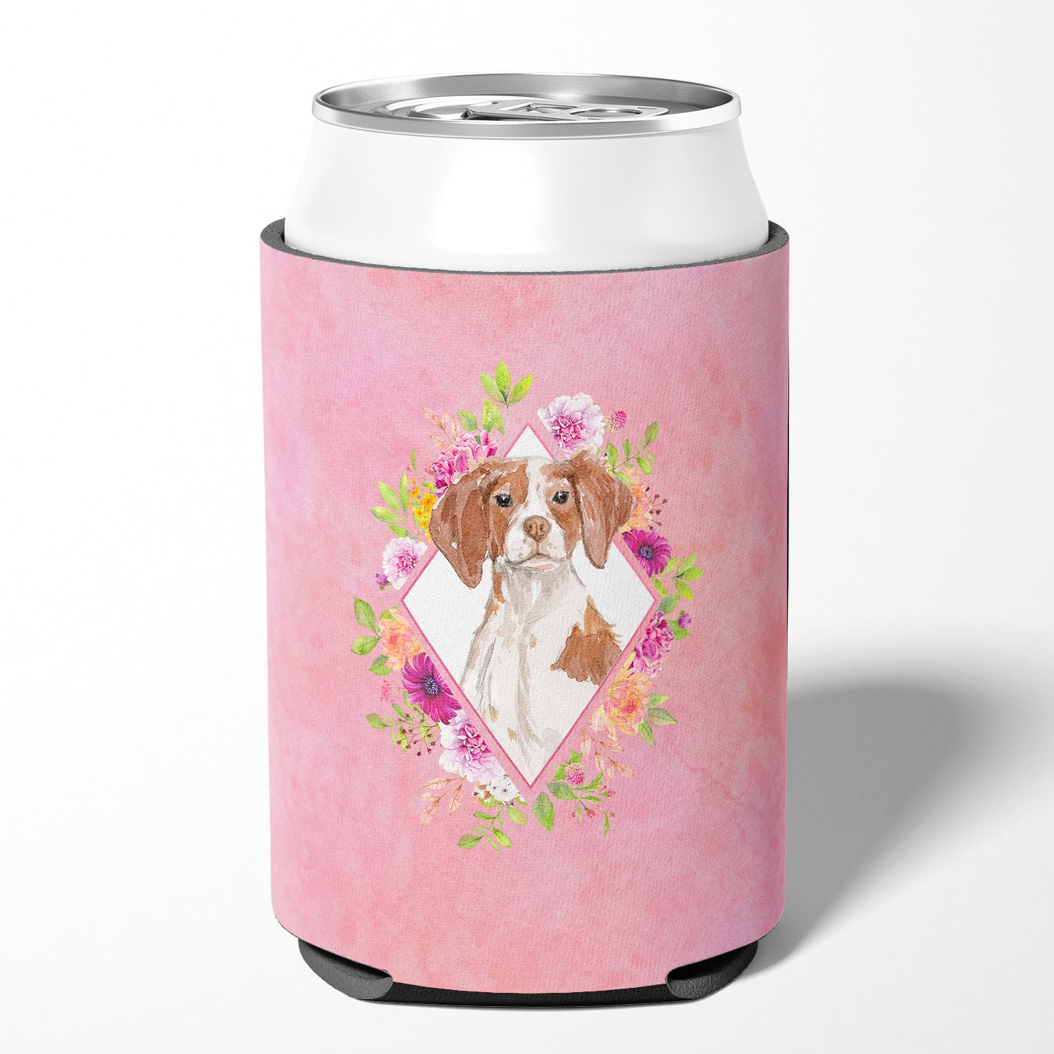 Brittany Spaniel Pink Flowers Can or Bottle Hugger CK4254CC  the-store.com.