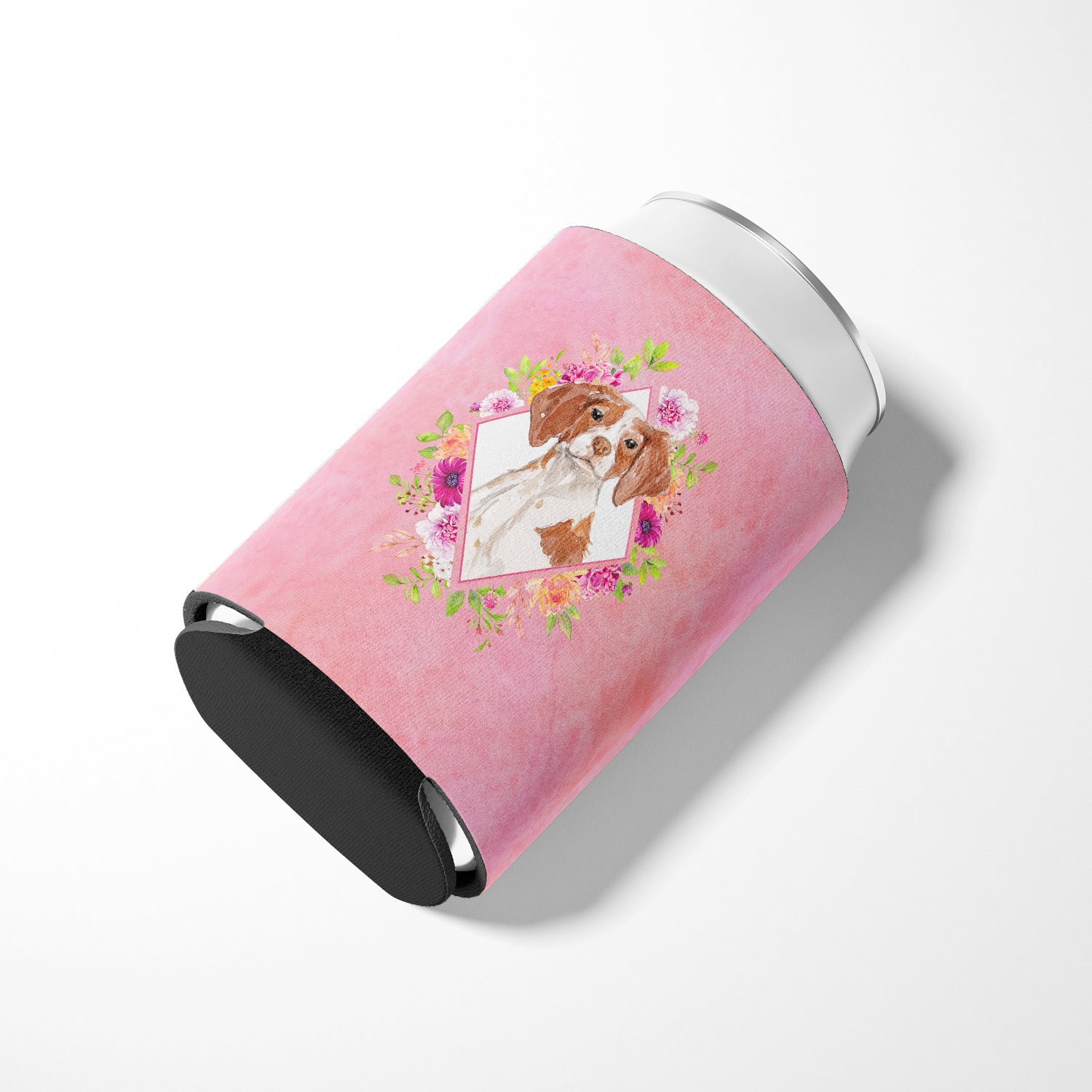 Brittany Spaniel Pink Flowers Can or Bottle Hugger CK4254CC  the-store.com.
