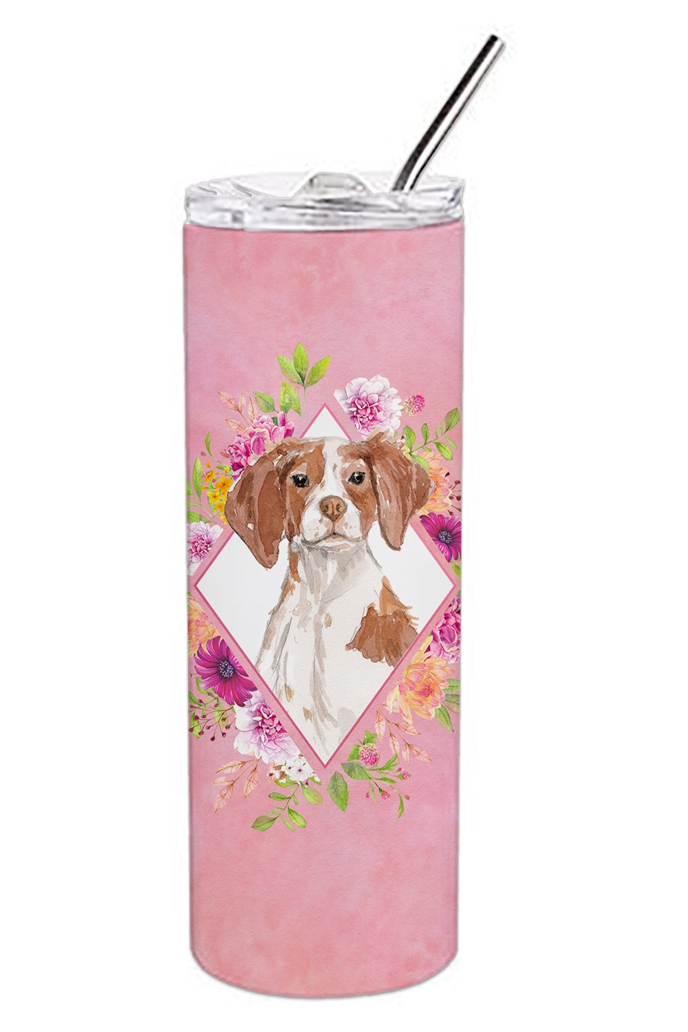 Brittany Spaniel Pink Flowers Double Walled Stainless Steel 20 oz Skinny Tumbler CK4254TBL20 by Caroline's Treasures