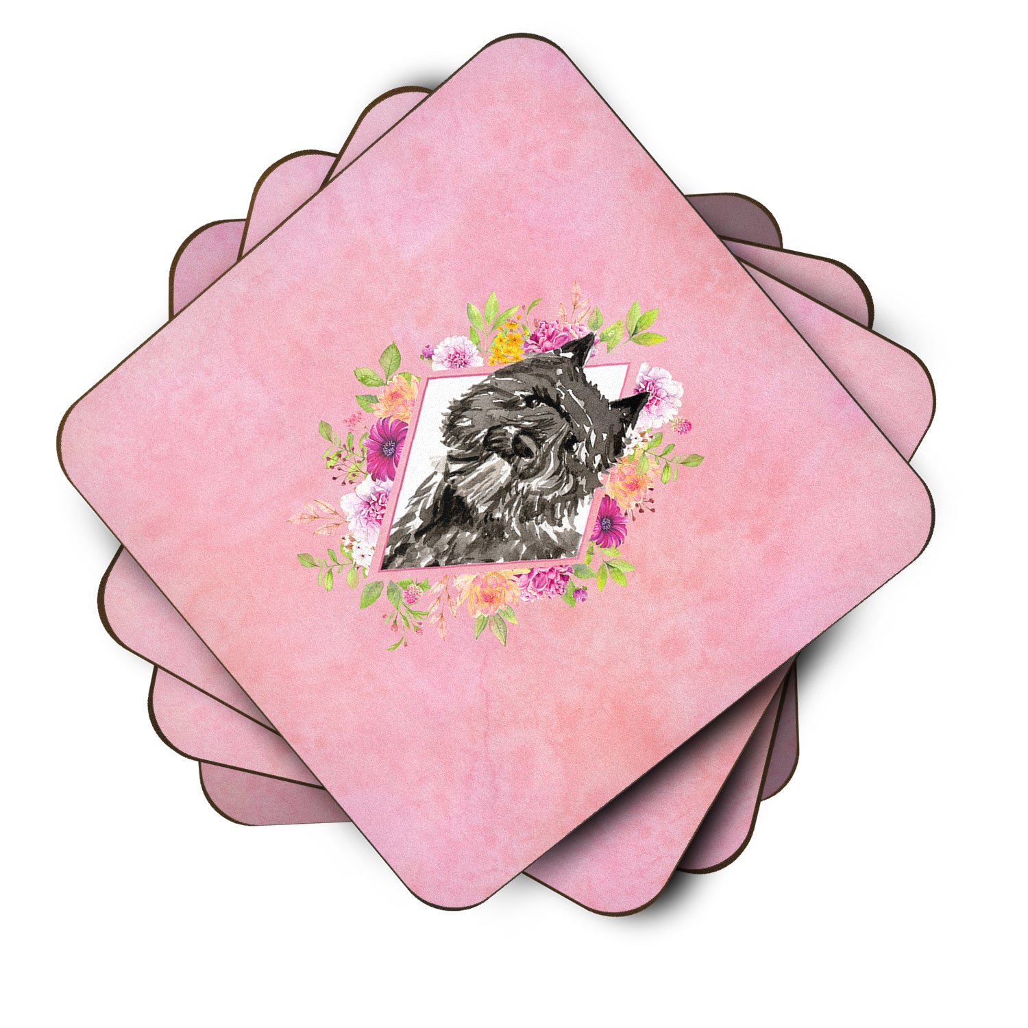 Set of 4 Bouvier des Flandres Pink Flowers Foam Coasters Set of 4 CK4256FC - the-store.com