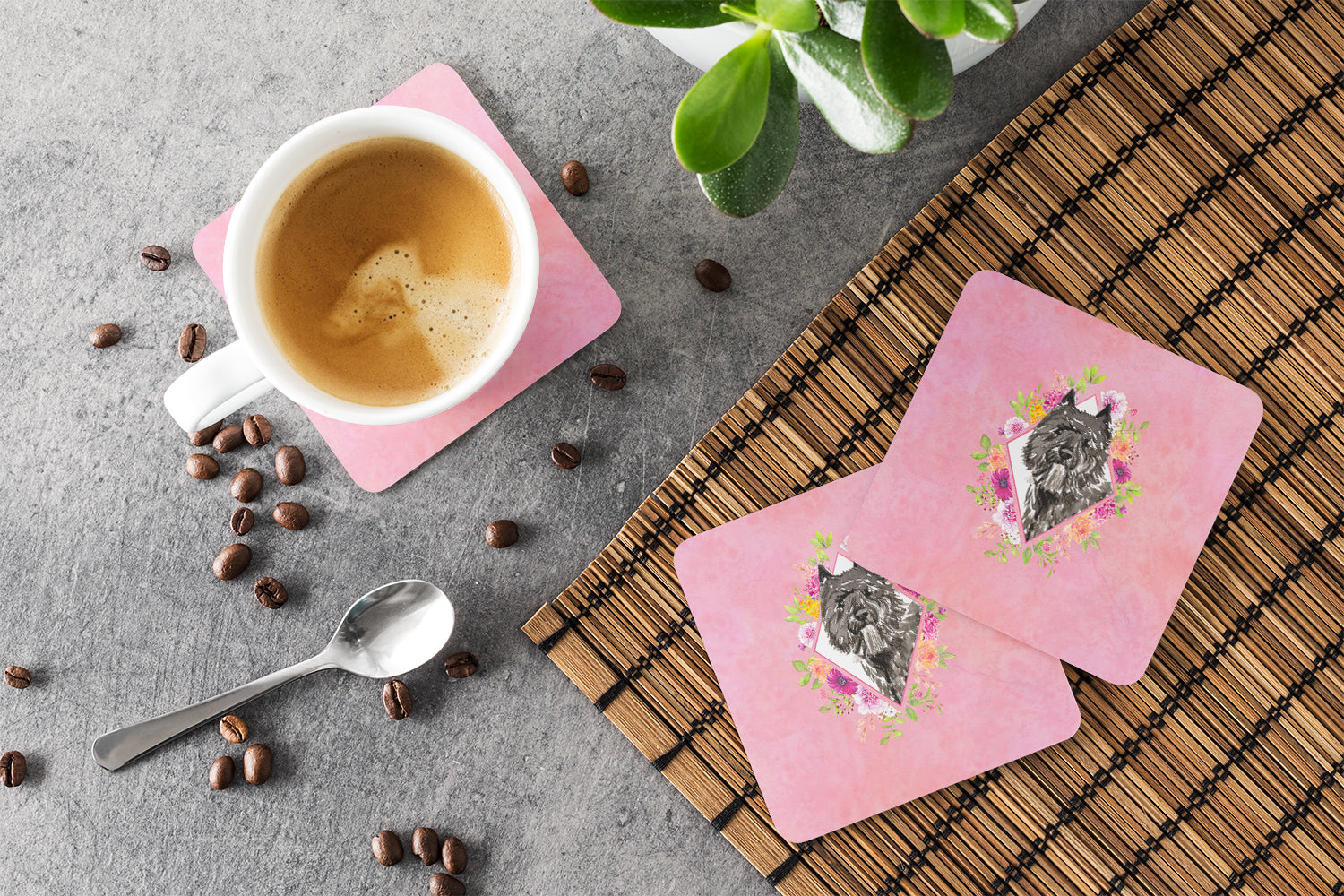 Set of 4 Bouvier des Flandres Pink Flowers Foam Coasters Set of 4 CK4256FC - the-store.com