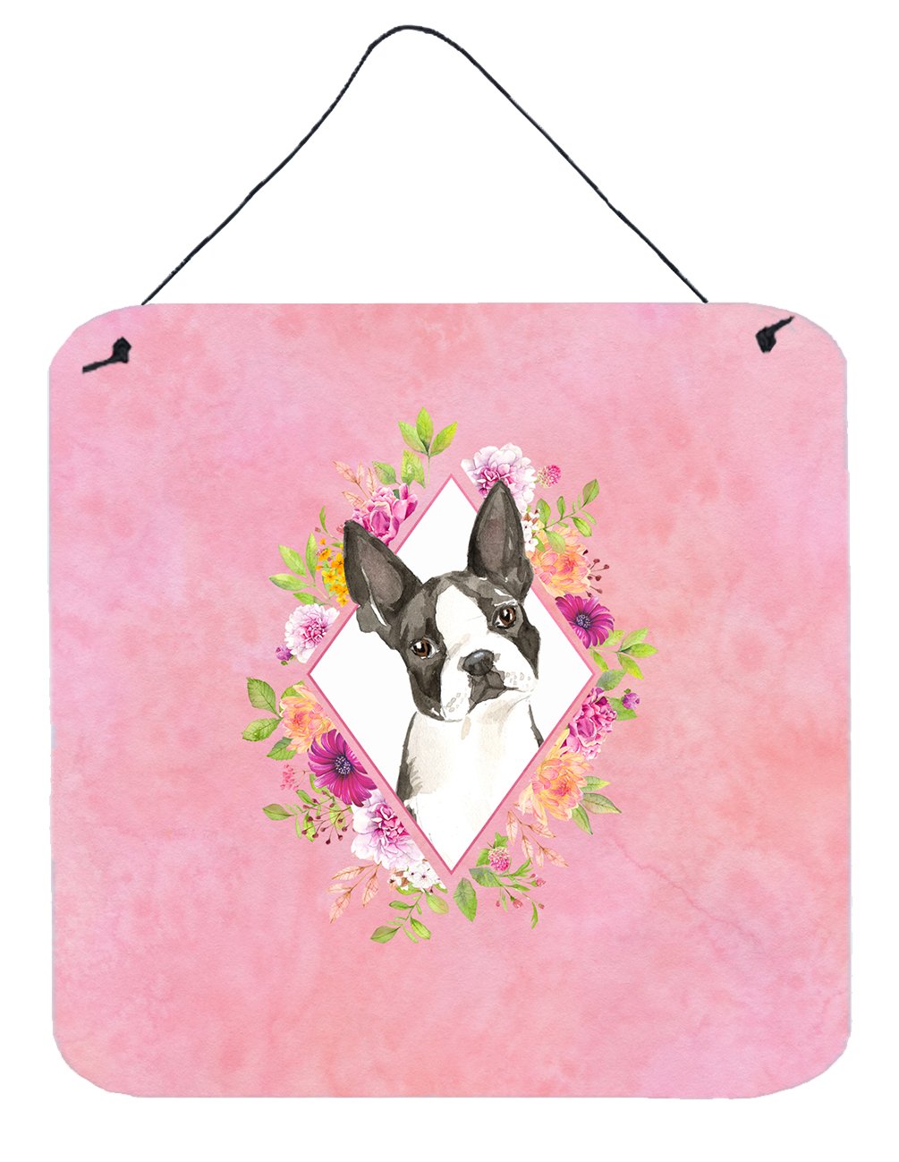 Boston Terrier Pink Flowers Wall or Door Hanging Prints CK4257DS66 by Caroline's Treasures