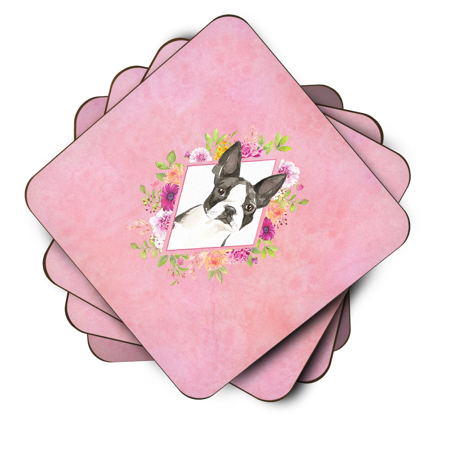 Set of 4 Boston Terrier Pink Flowers Foam Coasters Set of 4 CK4257FC - the-store.com