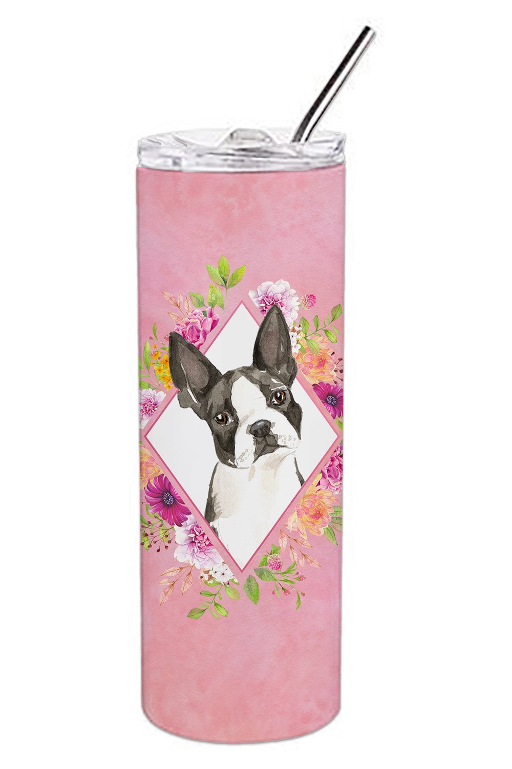 Boston Terrier Pink Flowers Double Walled Stainless Steel 20 oz Skinny Tumbler CK4257TBL20 by Caroline's Treasures