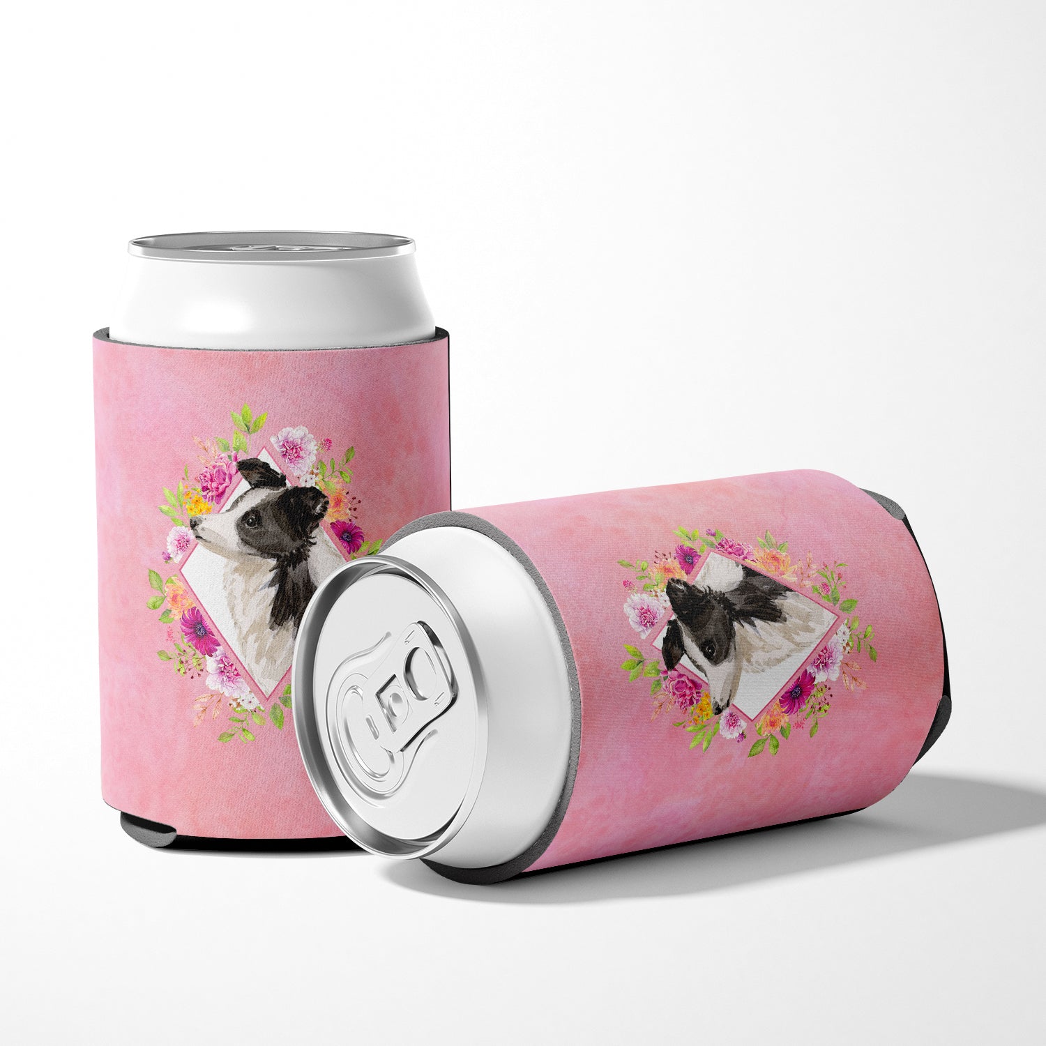 Border Collie Pink Flowers Can or Bottle Hugger CK4258CC  the-store.com.