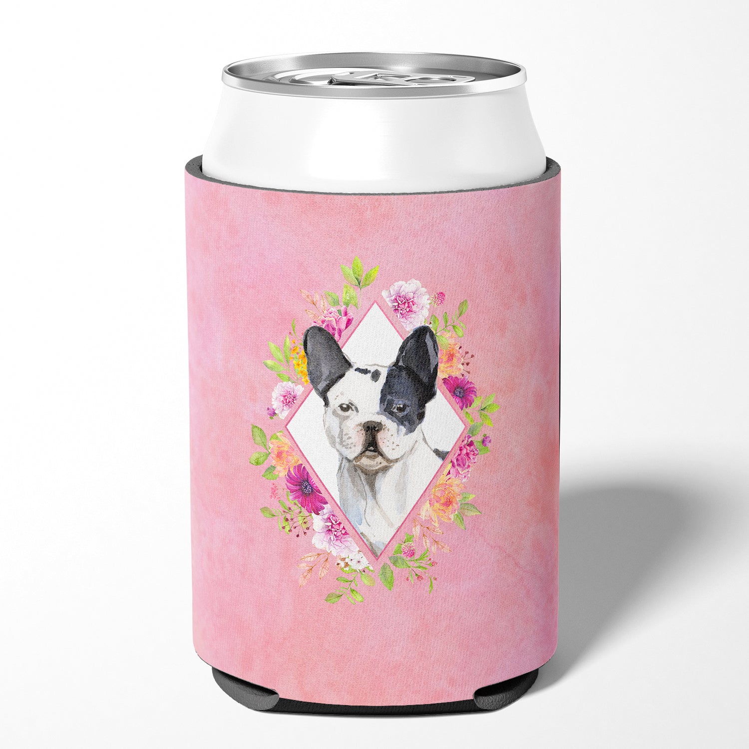 Black and White Frenchie Pink Flowers Can or Bottle Hugger CK4260CC  the-store.com.